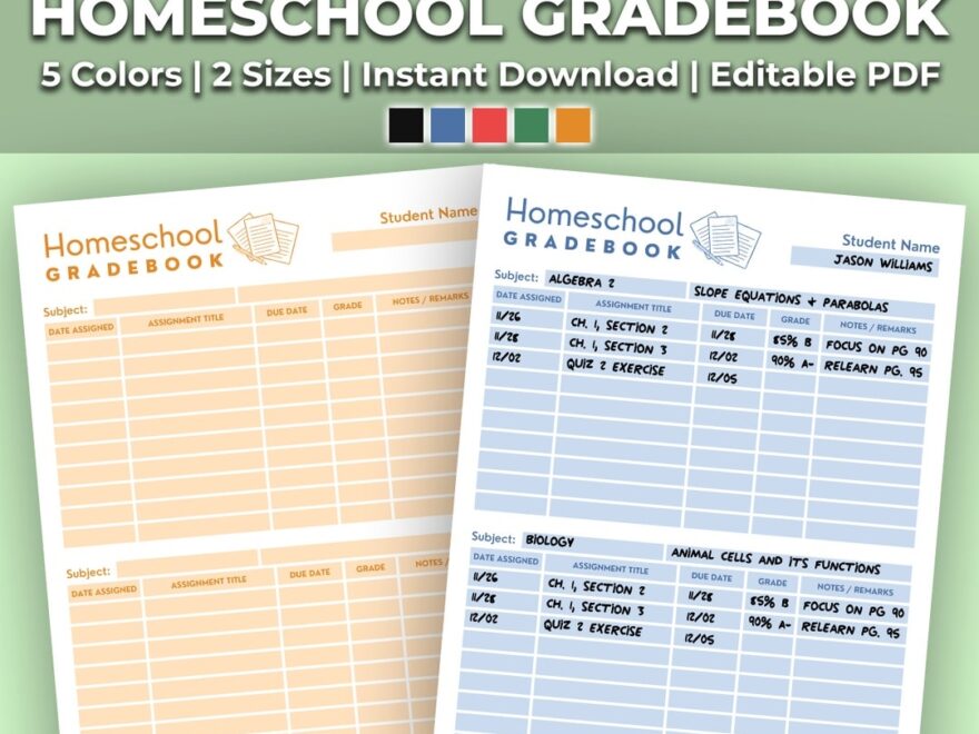 Homeschool Gradebook Printable Homeschool Grading Sheet Template Kit Perfect For Homeschool Students And Teachers 2 Sizes 5 Colors Etsy Norway