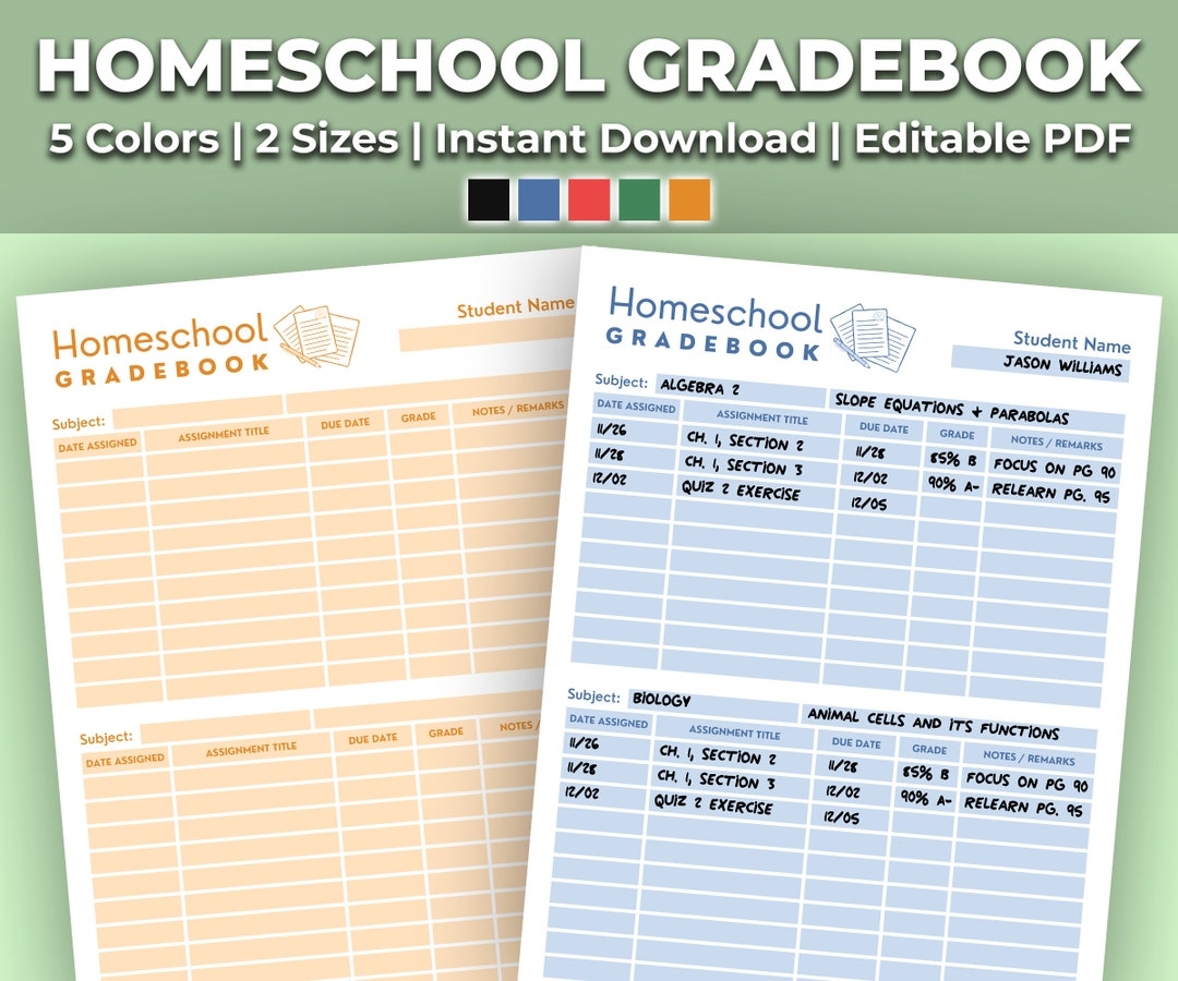 Homeschool Gradebook Printable Homeschool Grading Sheet Template Kit Perfect For Homeschool Students And Teachers 2 Sizes 5 Colors Etsy Norway