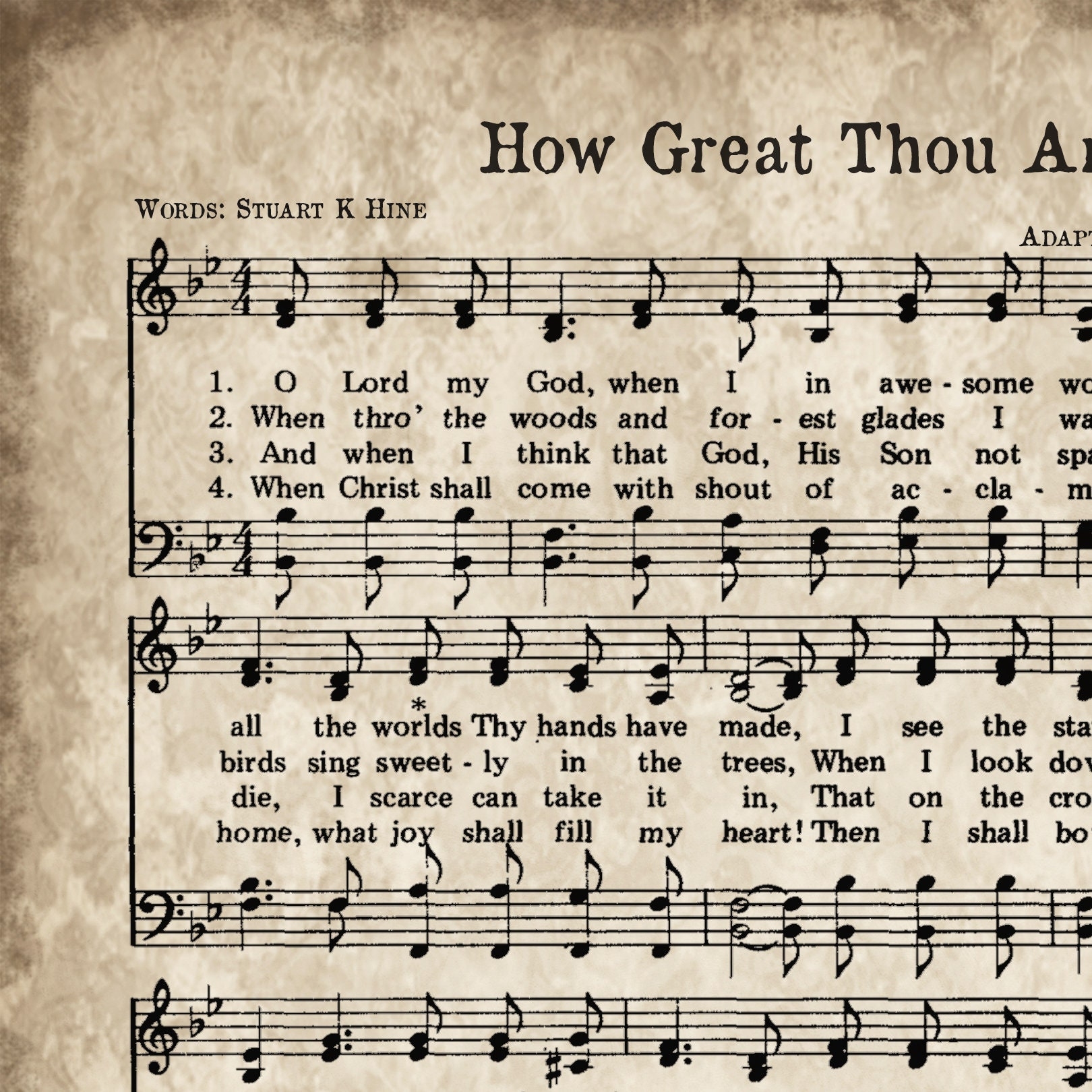 How Great Thou Art Print Printable Vintage Sheet Music Instant Download Aged Antique Hymn Inspirational Quote Farm House Decor Old Art Etsy