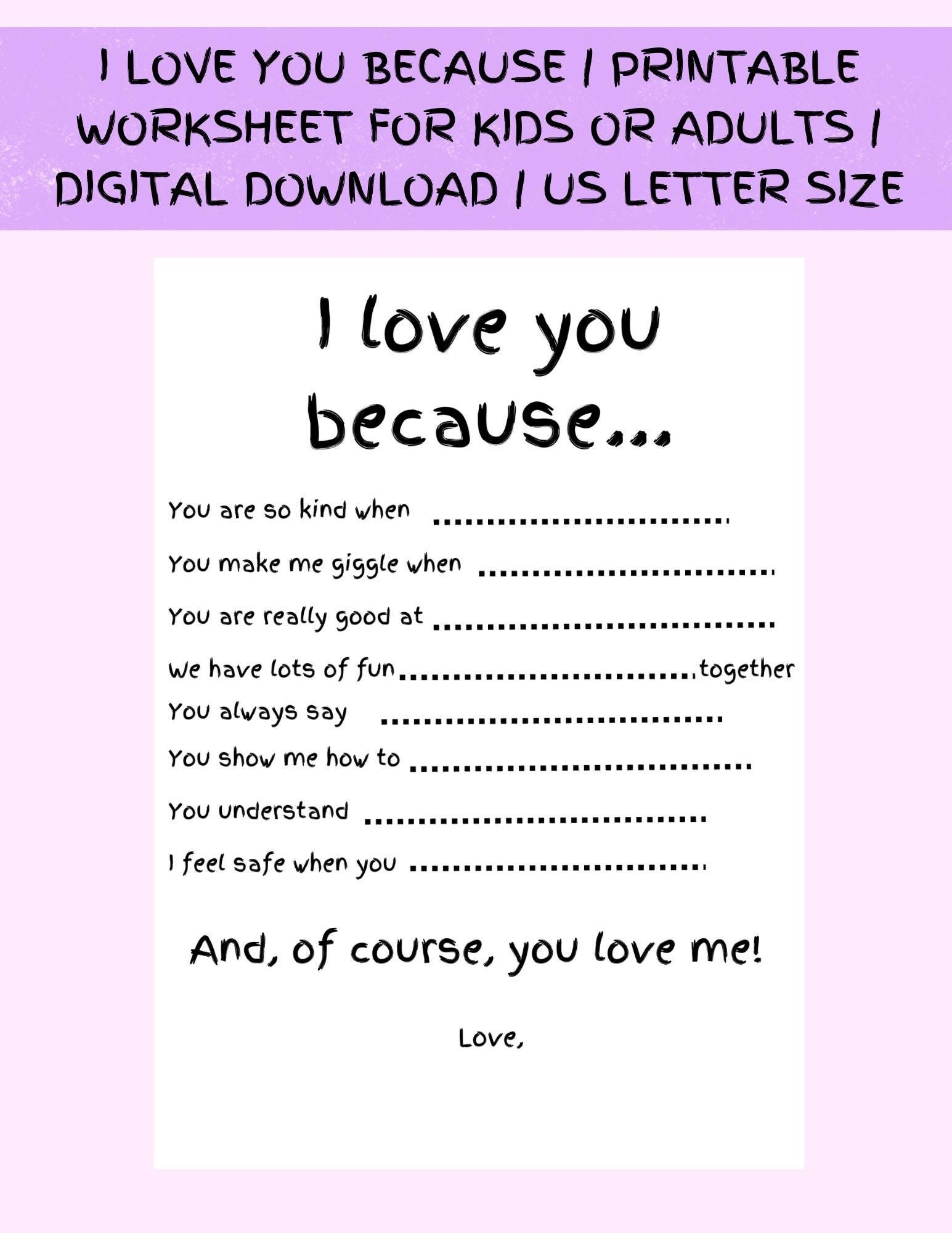 I Love You Because Printable Gift Worksheet For Kids Or Adults Fill In The Blanks Digital Download Printable PDF Etsy
