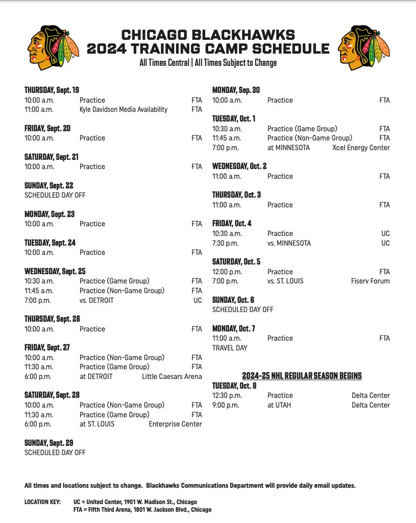 It s Coming Blackhawks Announce Training Camp Schedule Bleacher Nation