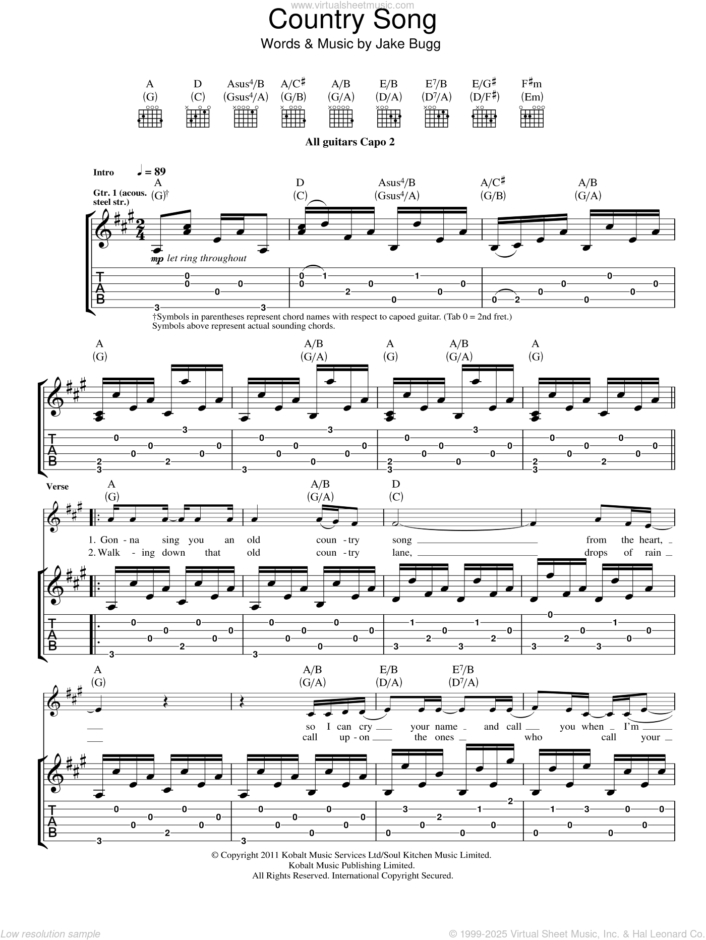 Jake Bugg Country Song Sheet Music For Guitar tablature PDF 