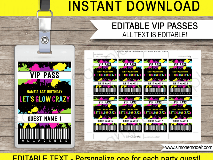 Let s Glow Crazy VIP Passes Printable Neon Theme Party Template