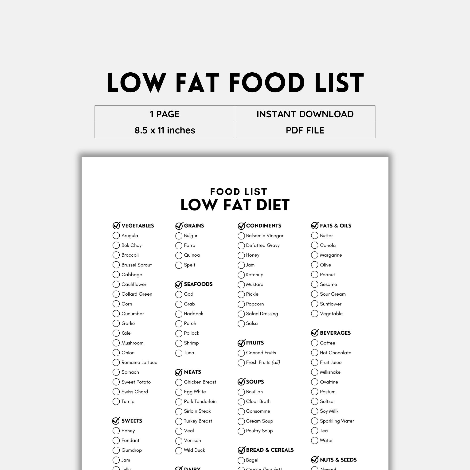 Low Fat Diet Food List Low Fat Foods Grocery List Shopping List Food Guide List Printable Food Journal Grocery List PDF Low Fat PDF Etsy