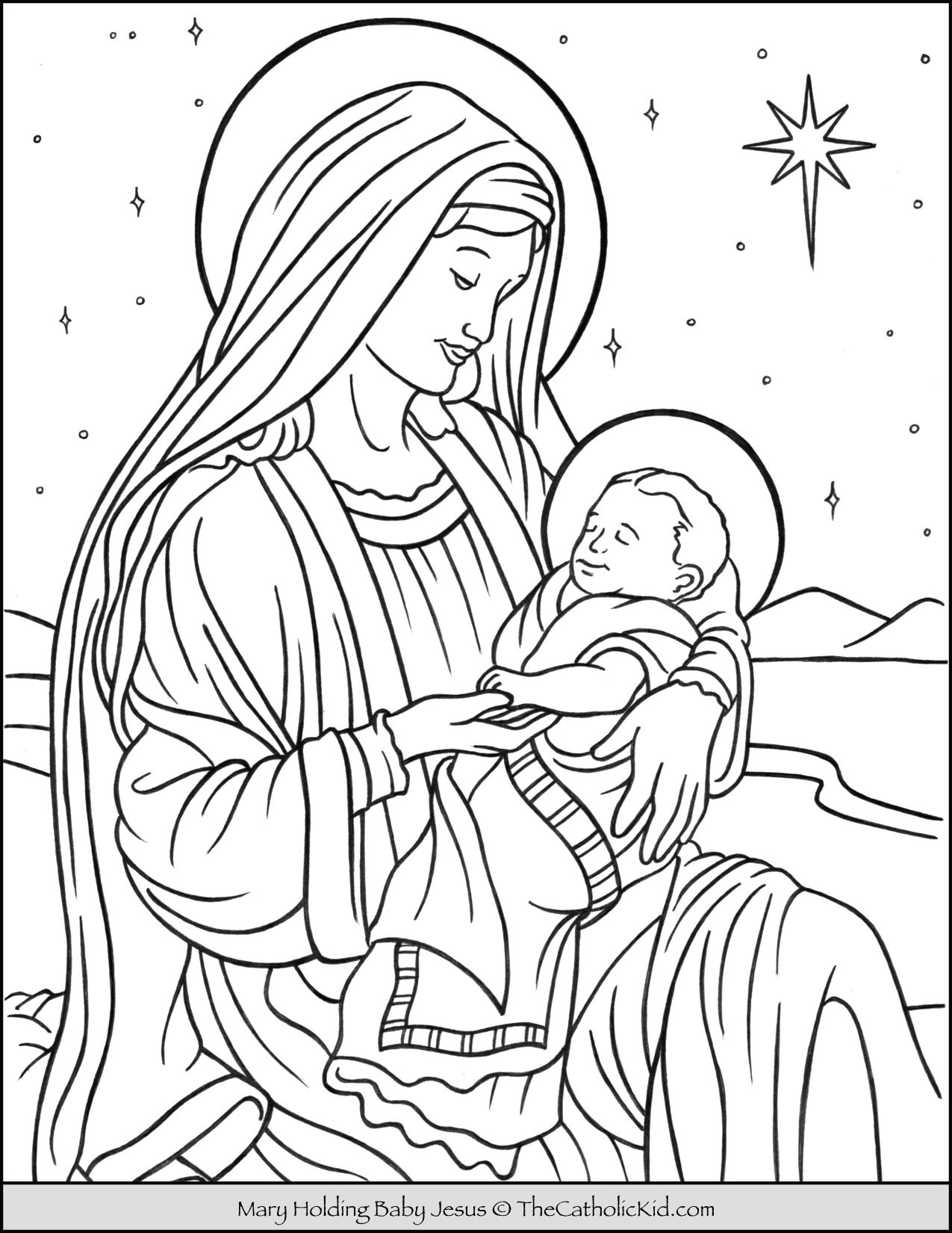 Mary With Baby Jesus In Bethlehem Coloring Page TheCatholicKid