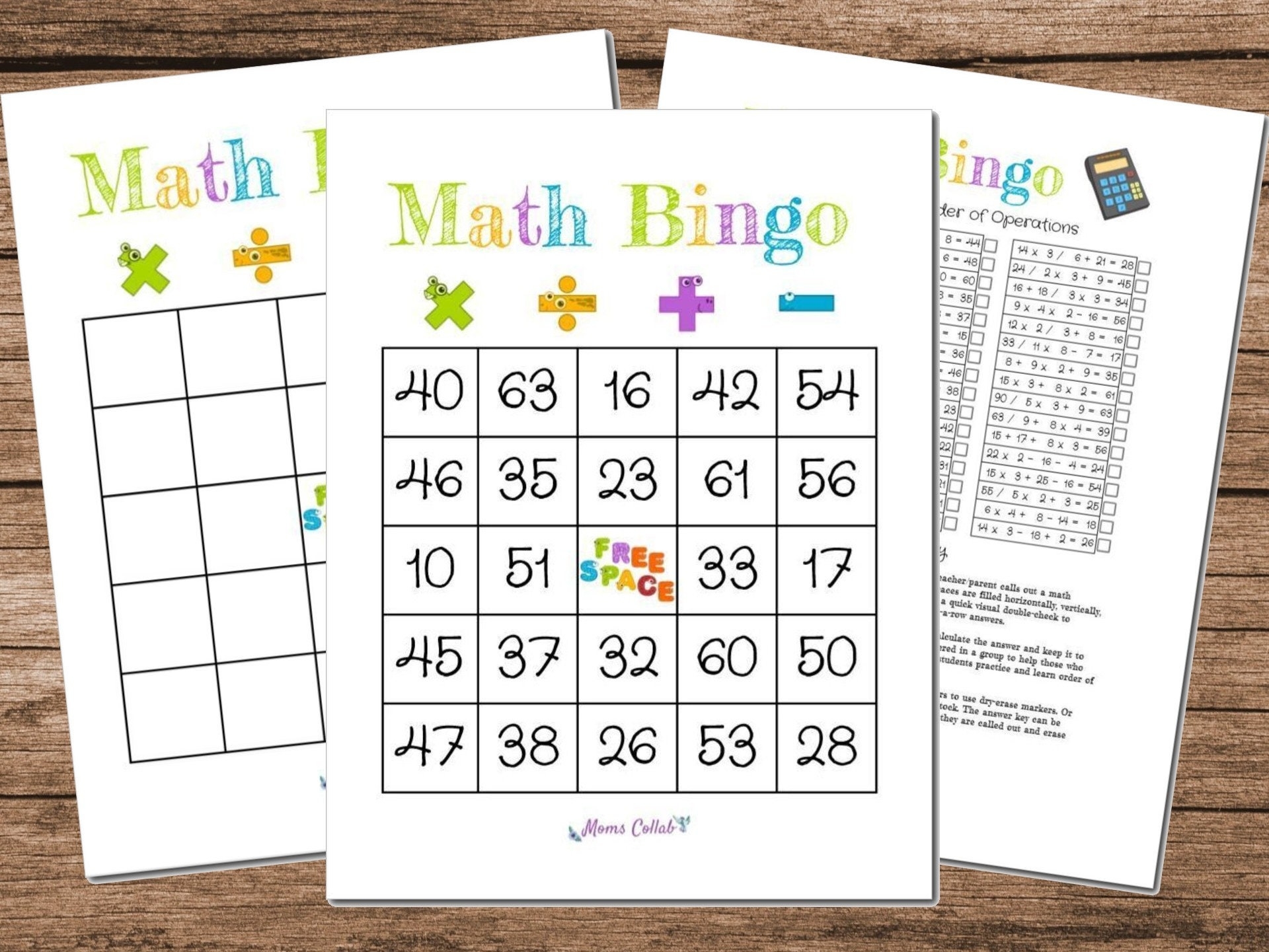 Math Bingo Order Of Operations Learning Game Printable Answer Key Blank Bingo Card And 10 Unique Bingo Game Cards Etsy