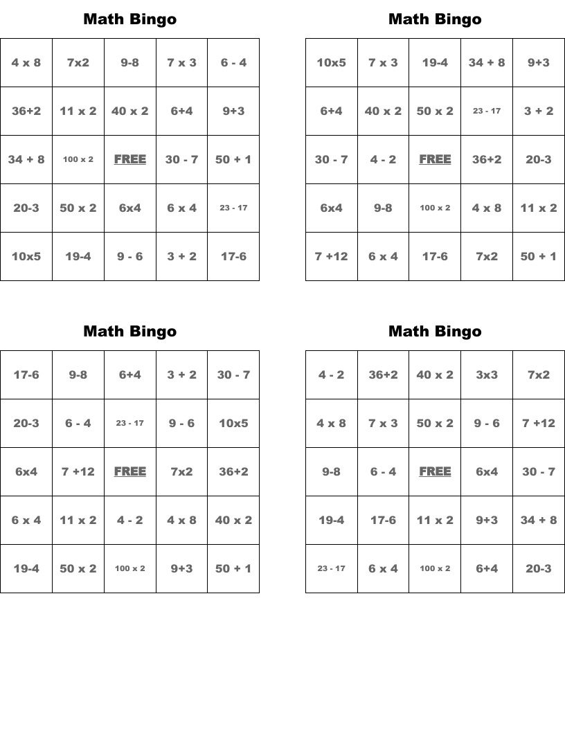 7Th Grade Math Bingo Printable
