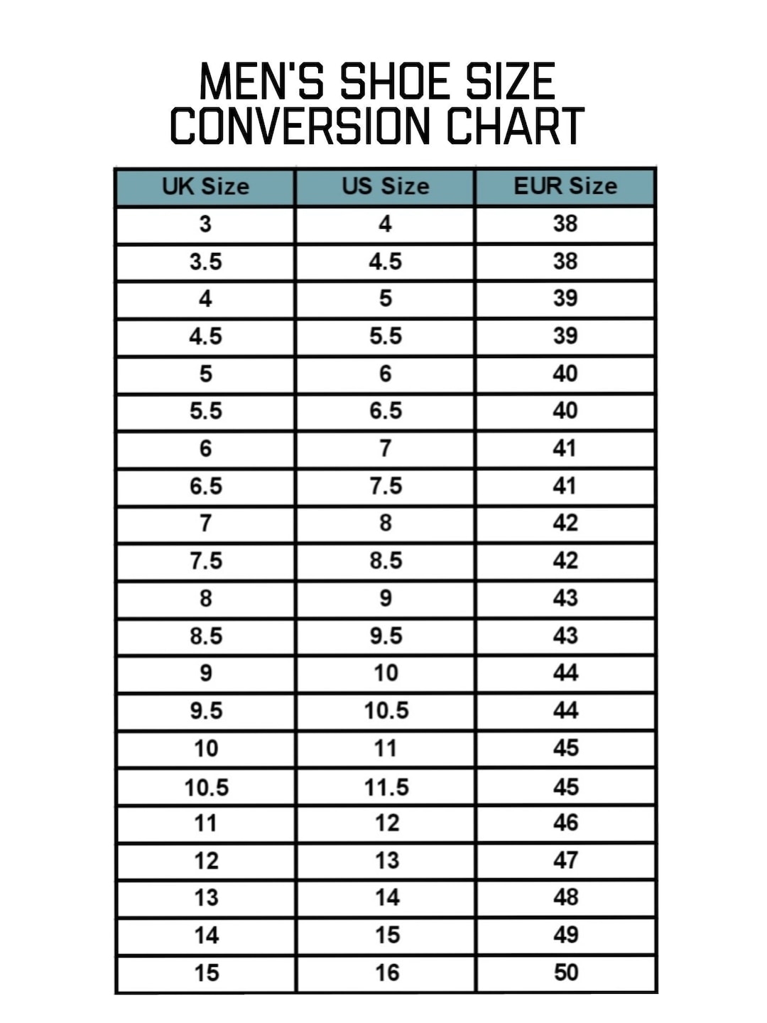 Mens Shoe Size Conversion Chart Template Instant Printable Digital Download Etsy