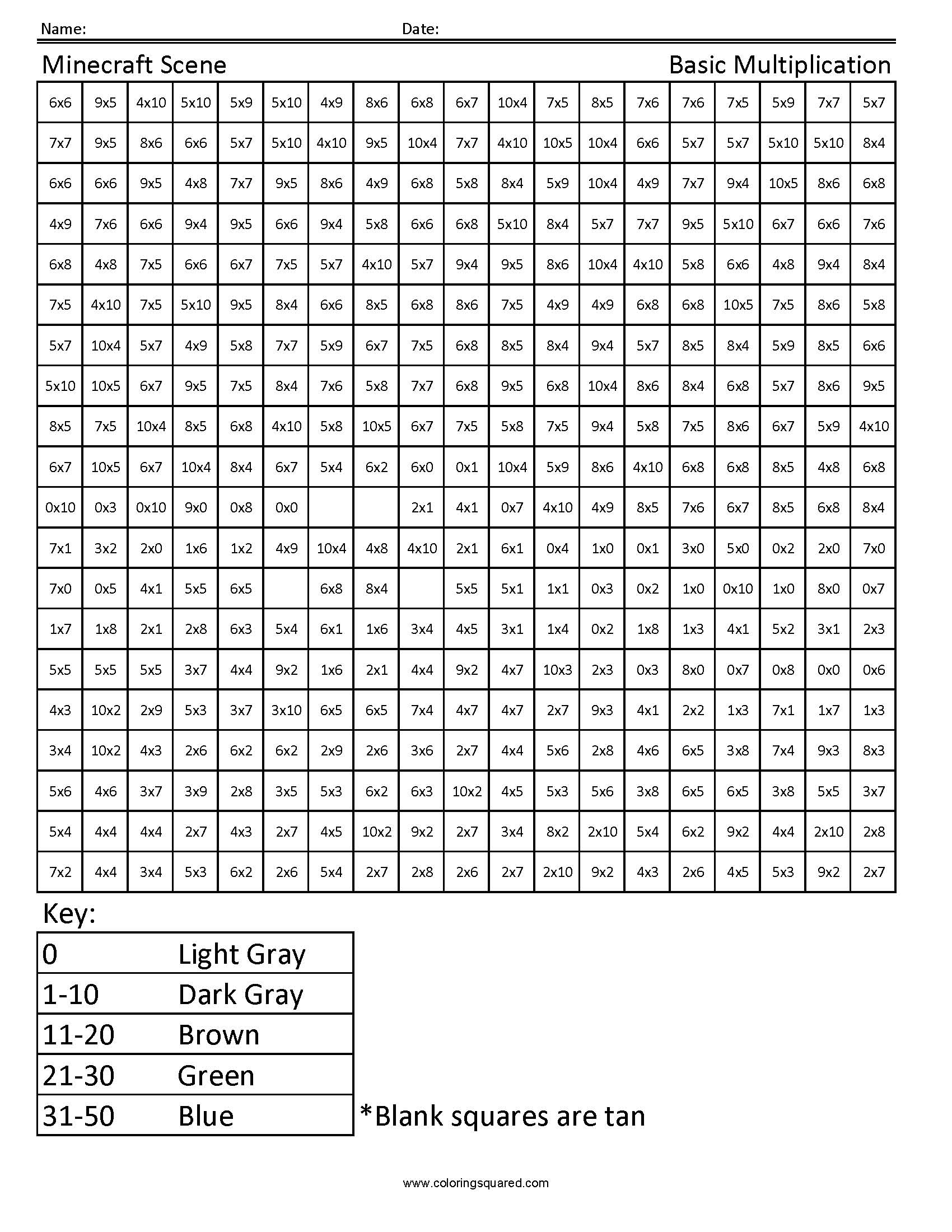 Minecraft Scene Basic Multiplication Coloring Squared