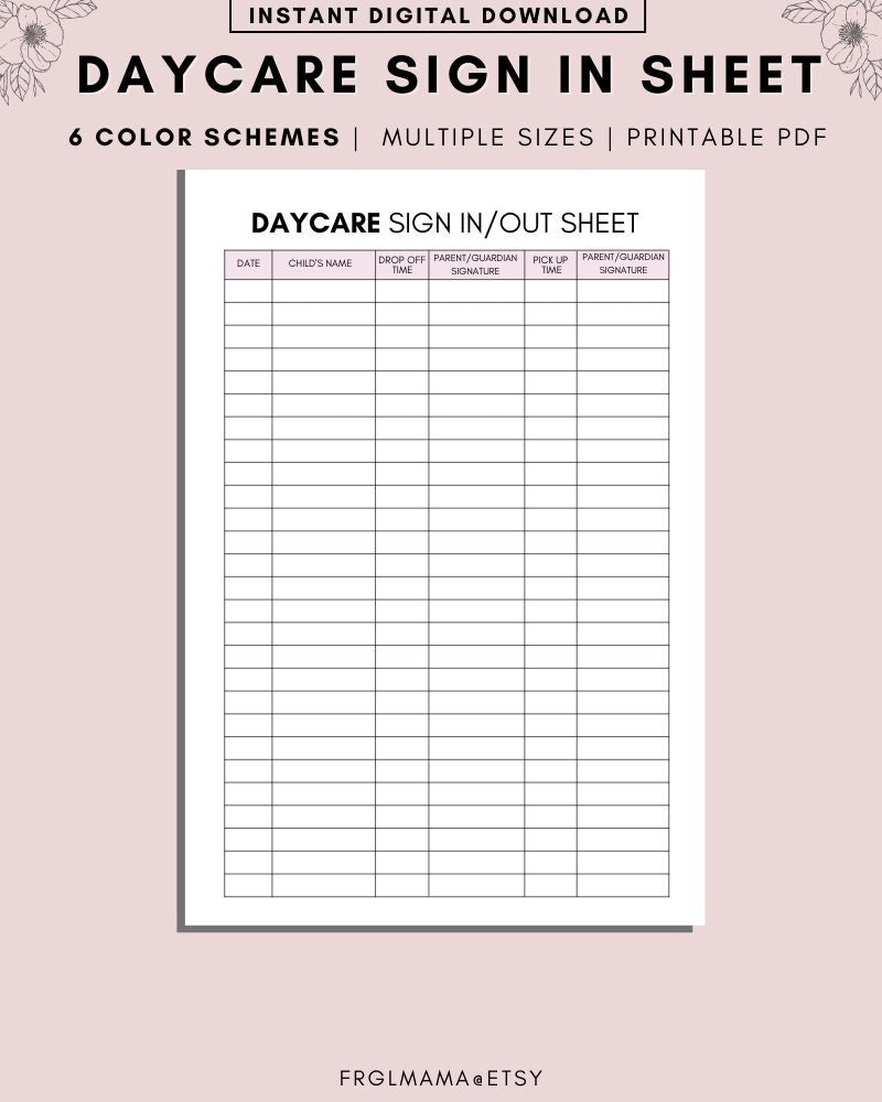 Minimalist Daycare Sign In out Sheet PRINTABLE Sign Up A4 A5 Letter PDF Instant Download Etsy