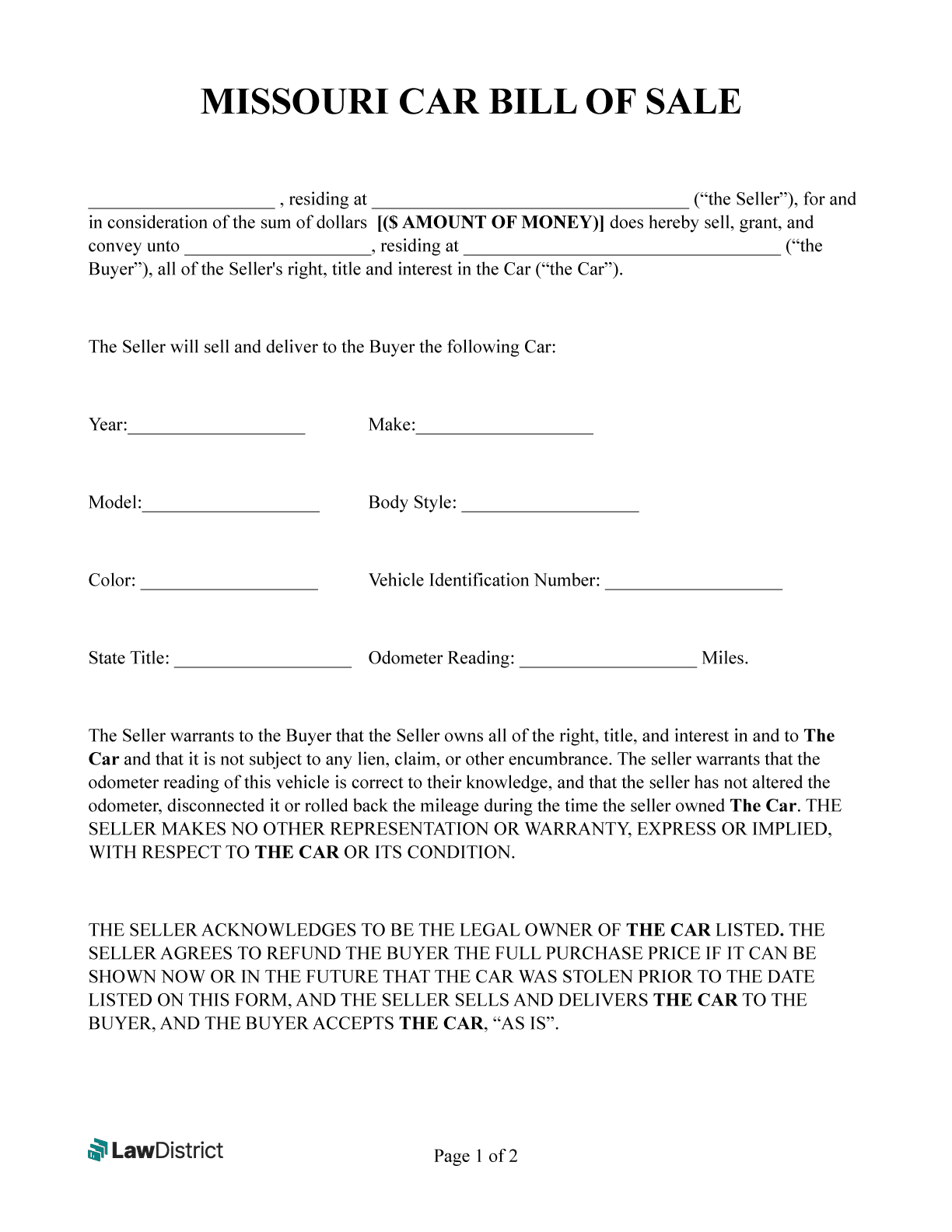 Missouri Bill Of Sale Vehicle Firearm LawDistrict
