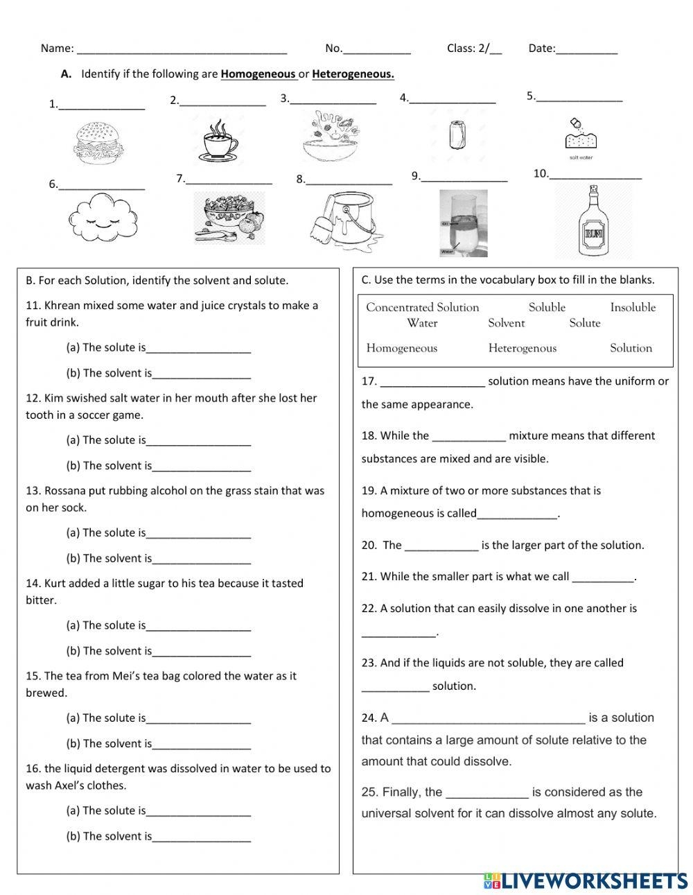 Mixtures And Solutions Online Worksheet Live Worksheets Worksheets Library