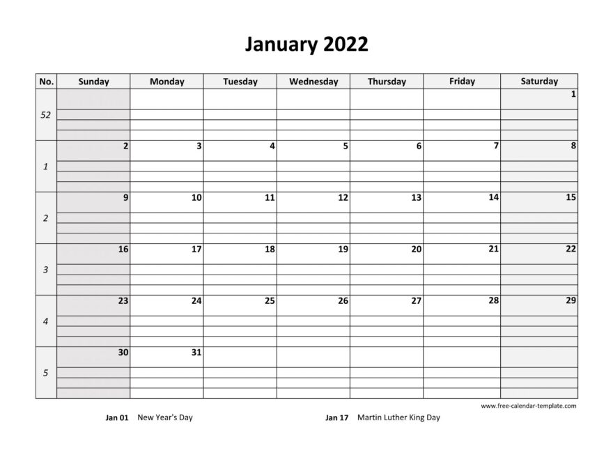 Monthly 2022 Calendar Free Printable With Grid Lines Designed horizontal Free calendar template