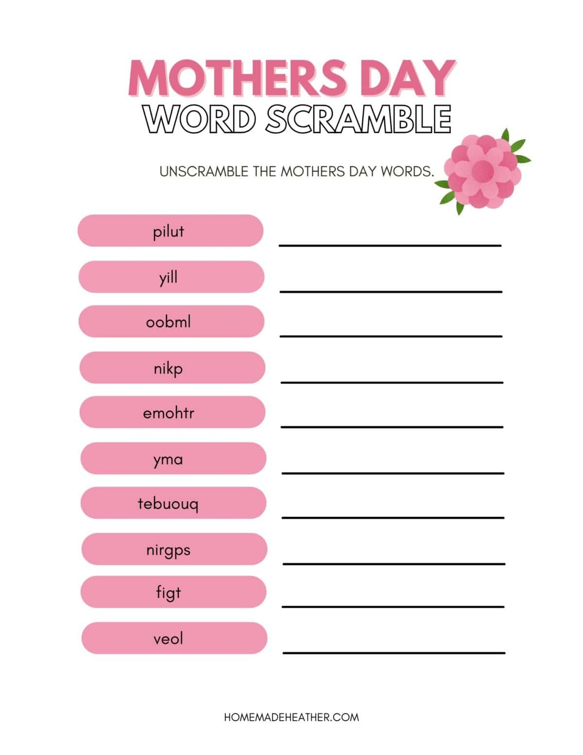 Mother s Day Word Scramble Printable Homemade Heather