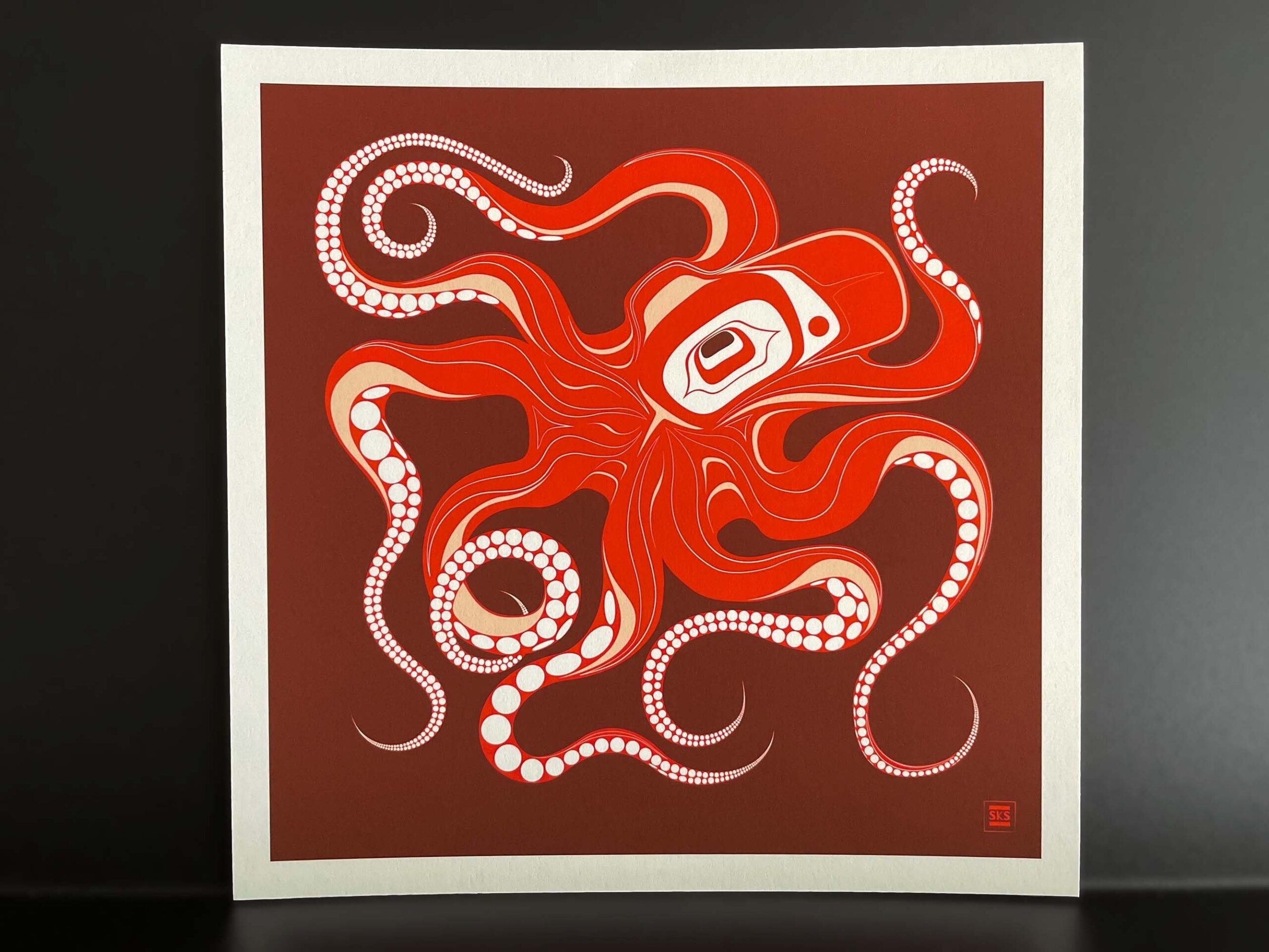 Native Northwest Coast Tlingit Octopus Giclee Print Orange red Left facing Etsy