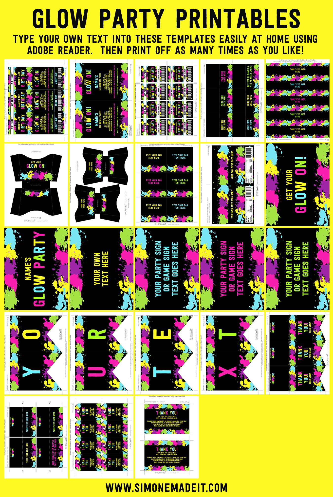 Neon Glow Party Printables Invitations Decorations Editable Templates