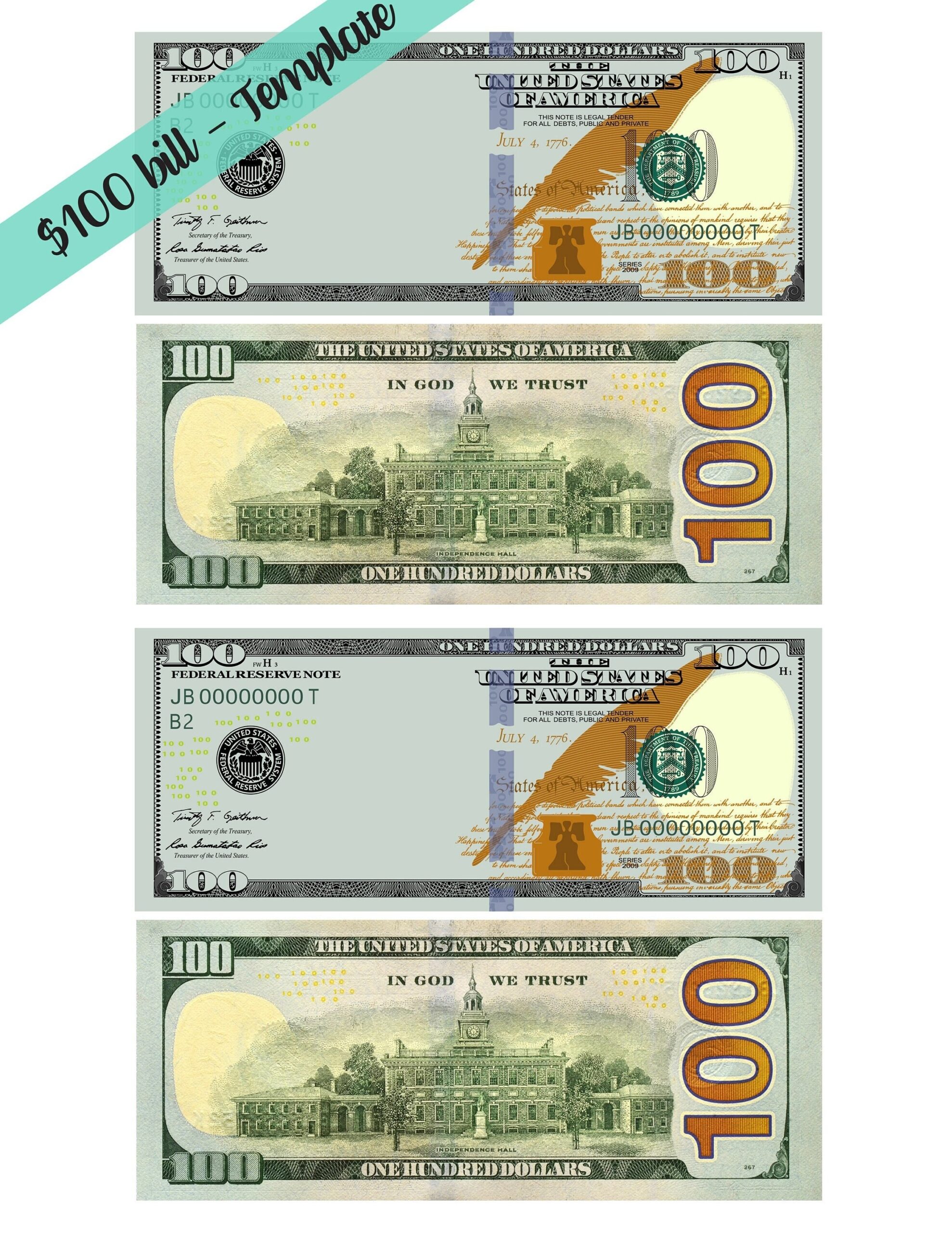 NEW 100 Dollar Bill Template Letter Page With 4 Real Size Dollar Bills front And Backside Look A Like NEW 100 Dollar Bill Etsy Australia
