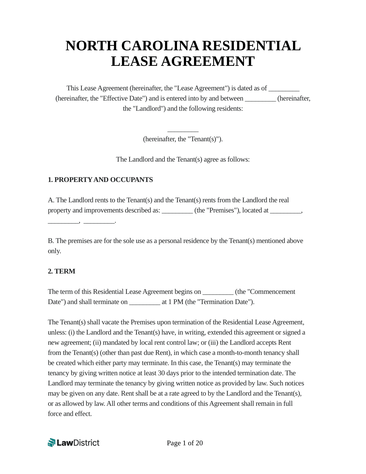 Free Printable Lease Agreement North Carolina