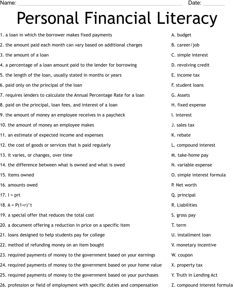 Free Printable Financial Literacy Quiz