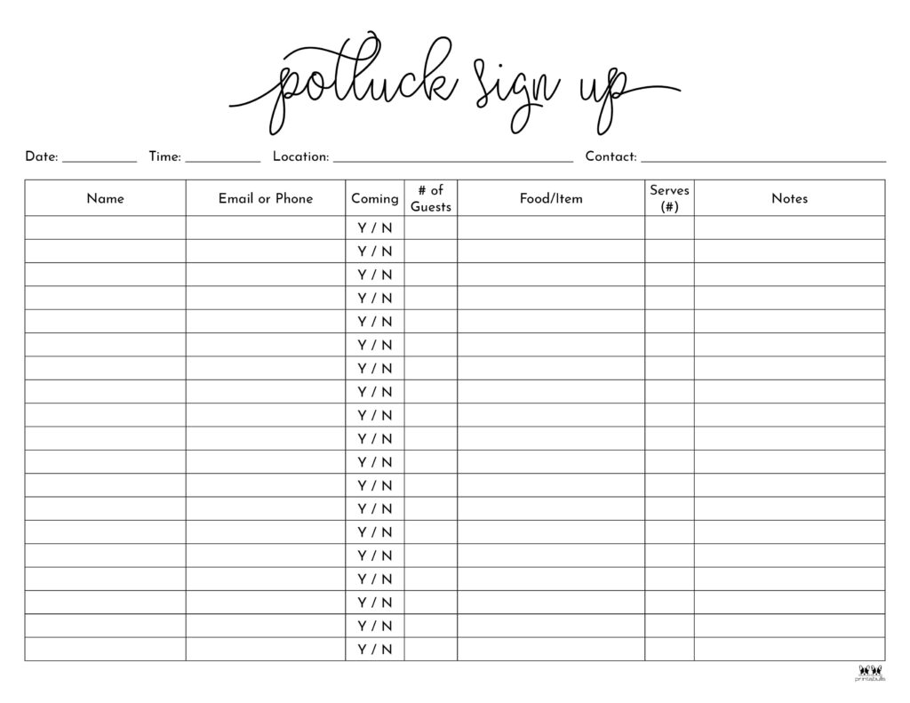 Free Printable Potluck Sign Up Sheet