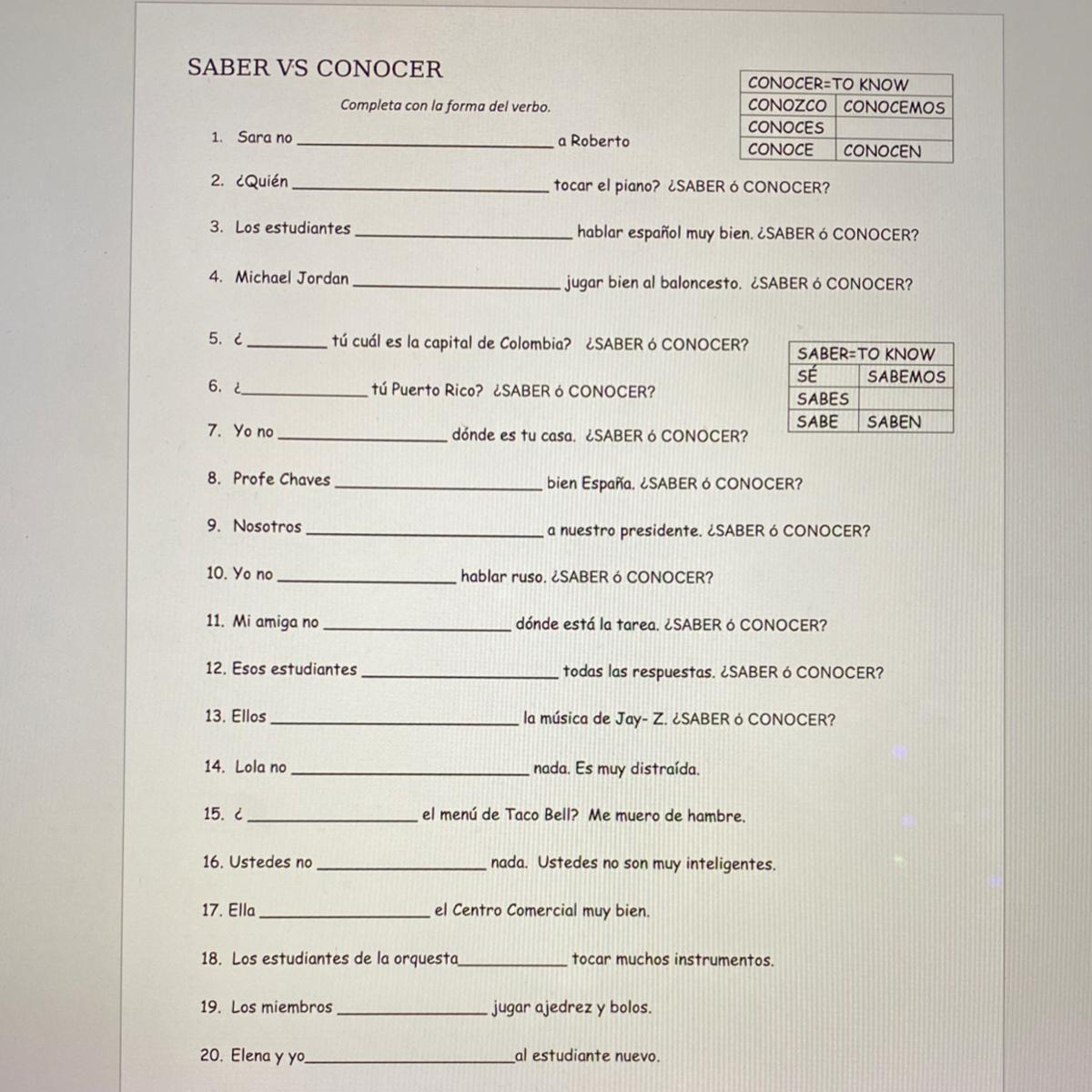 PRACTICE WORKSHEET SABER VS CONOCER Worksheets Library