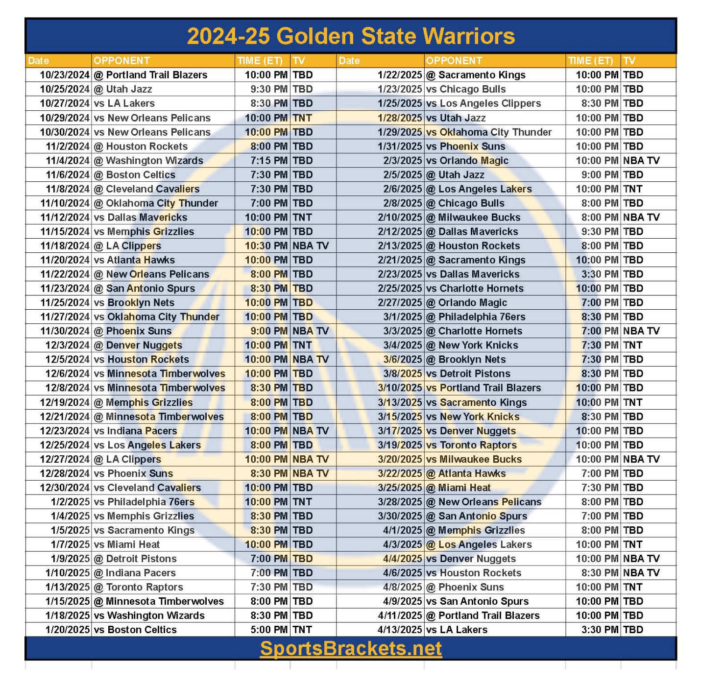 Printable 2024 25 Golden State Warriors Schedule TV Broadcasts And Matchups Sports Brackets