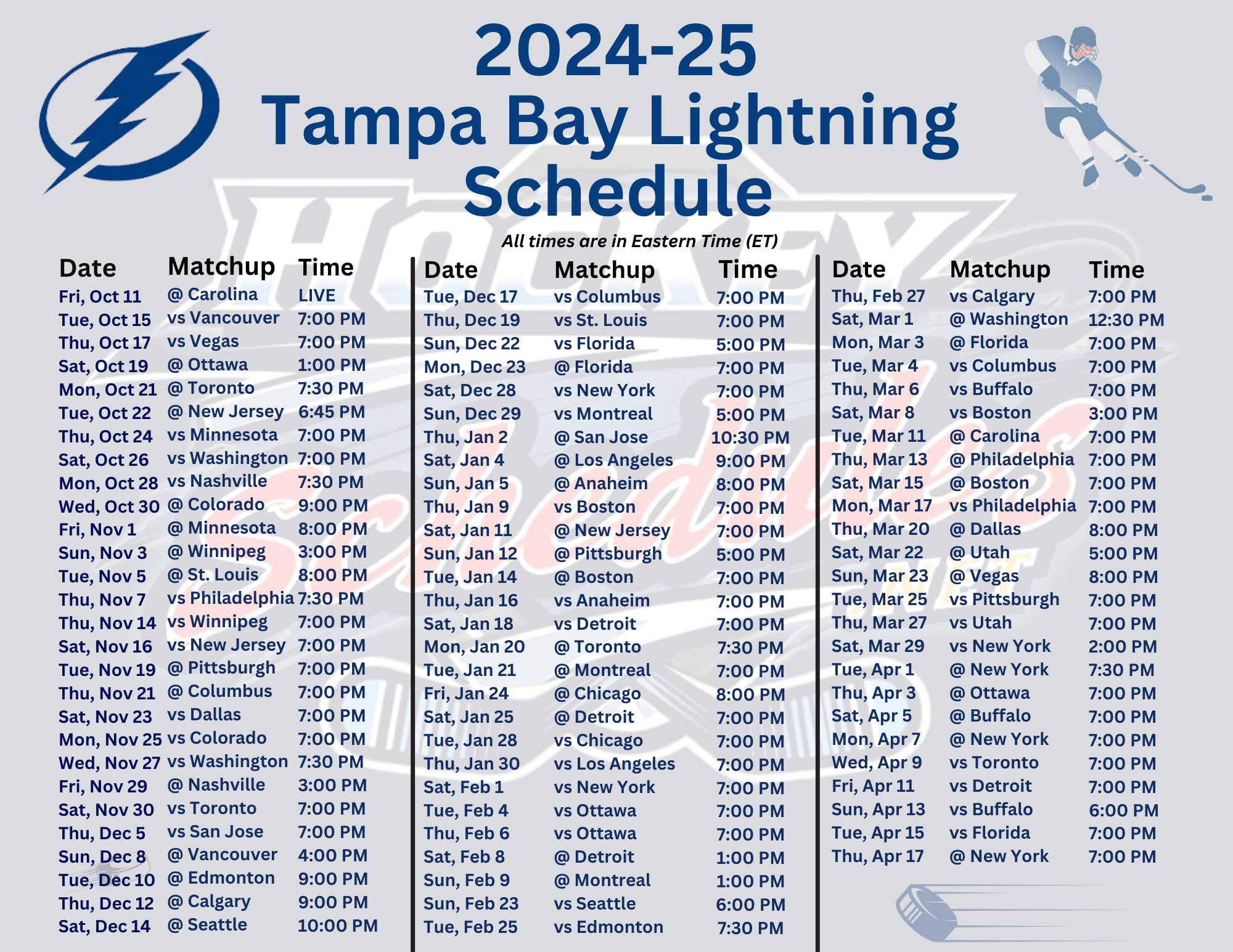 Printable 2024 25 Tampa Bay Lightning Schedule Matchups And TV Broadcasts Hockey Schedules
