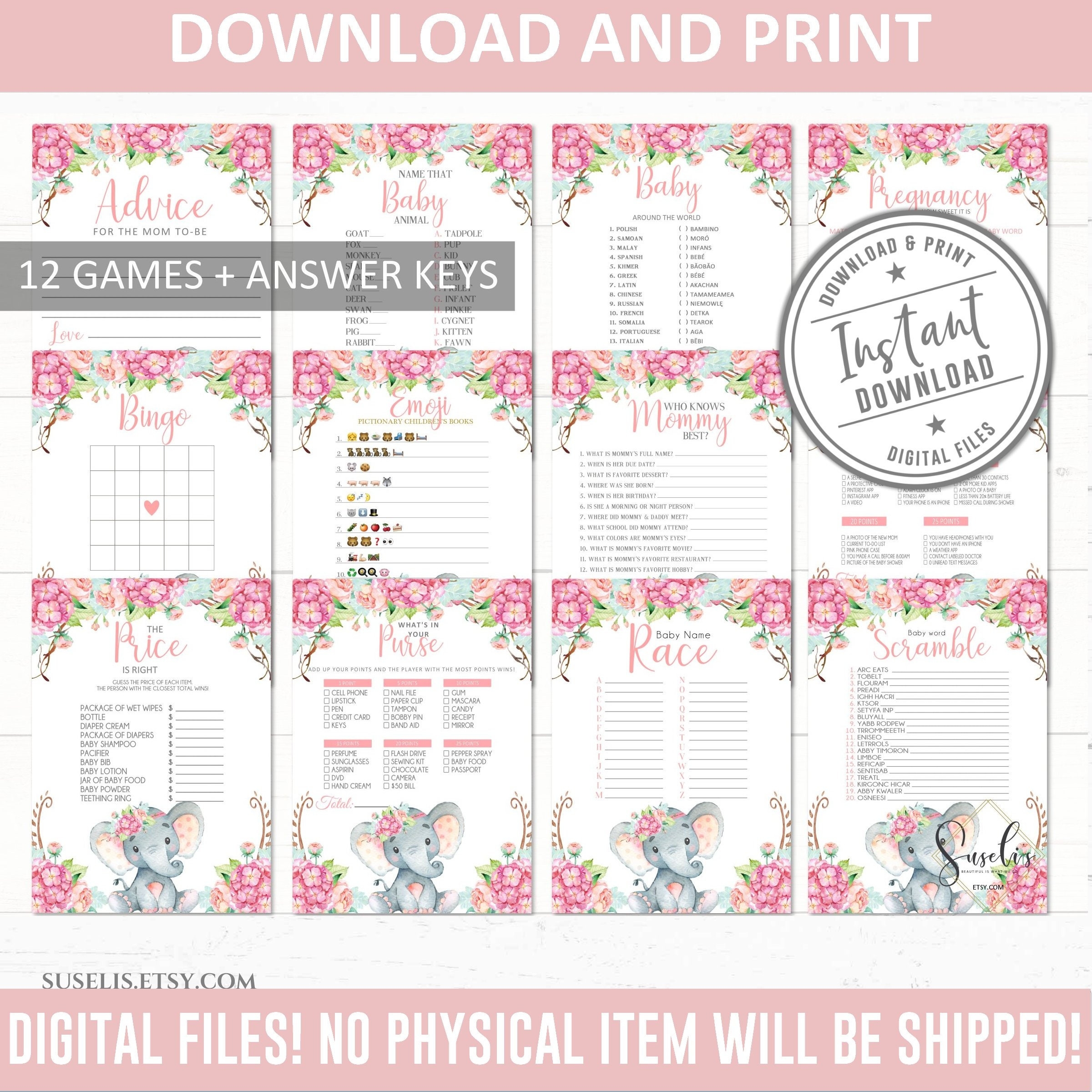 Printable Baby Shower Game Bundle 12 Games Girl Elephant Theme Watercolor Flowers Safari Game Package Instant Download DIGITAL BS014 Etsy