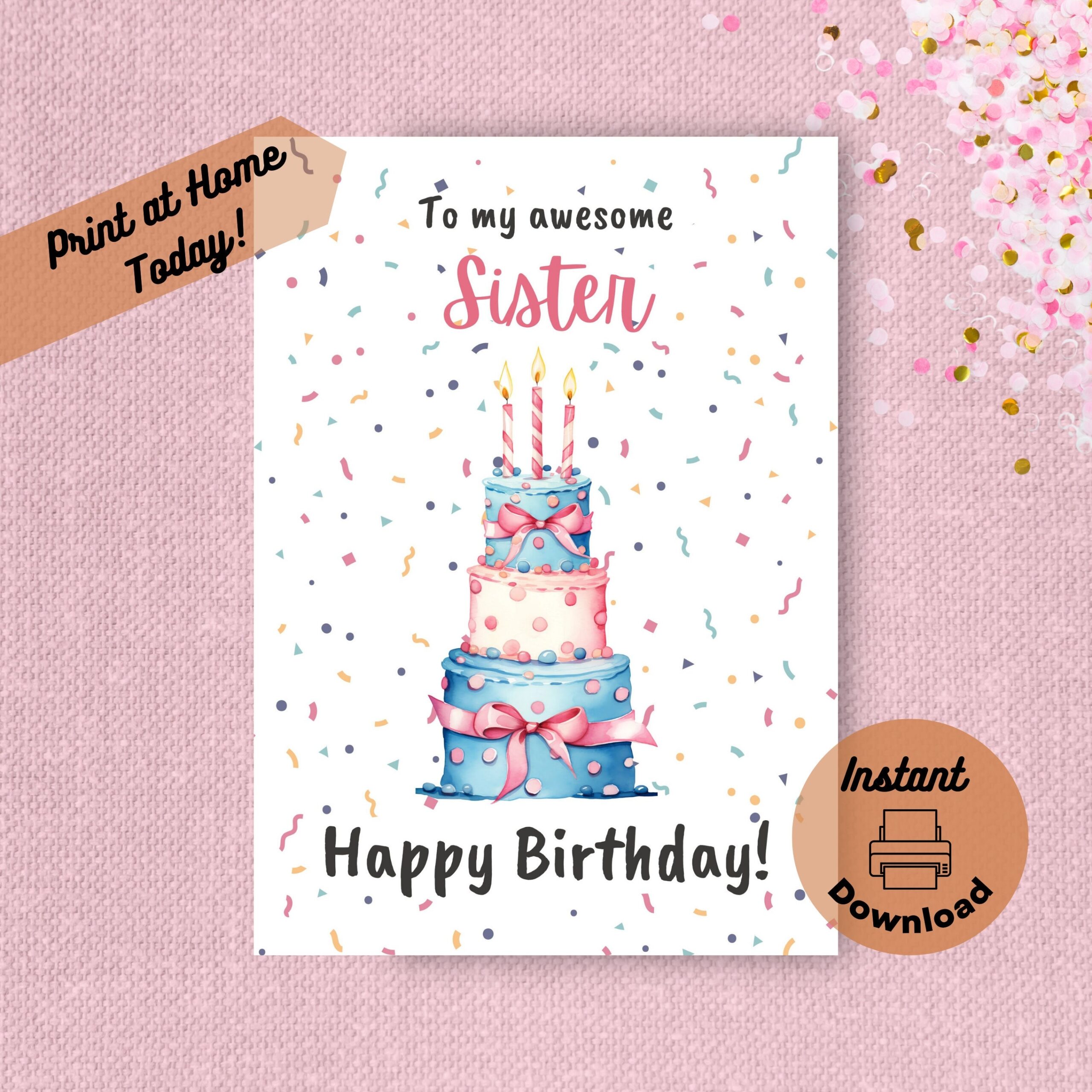Printable Birthday Card For Sister Instant Digital Download Print At Home Card To My Awesome Sister Happy Birthday Watercolor Cake Etsy