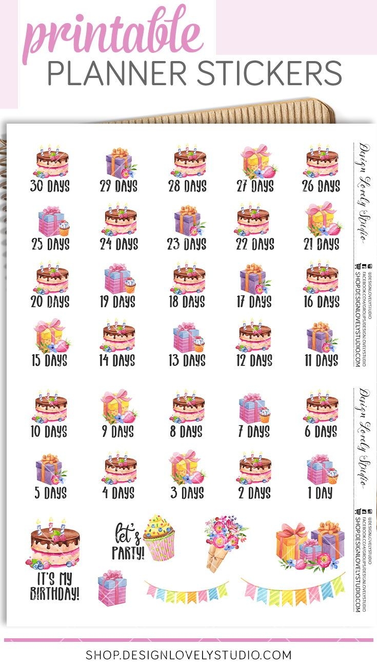 Printable BIRTHDAY COUNTDOWN Planner Stickers Birthday Planner Stickeres Birthday Cake Planner Sti