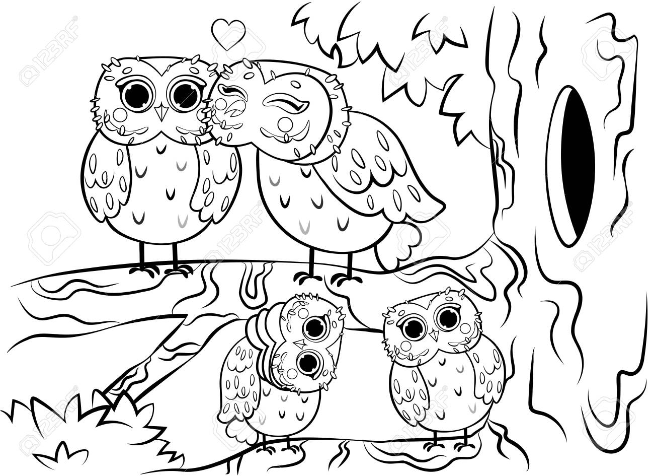 Printable Coloring Page Outline Of Cute Cartoon Owl Family Sitting On Tree Near The Hollow Vector Image Coloring Book Of Forest Wild Animals For Kids Royalty Free SVG Cliparts Vectors And Stock