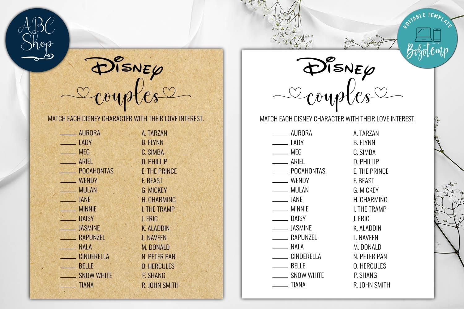 Printable Disney Couples Bridal Shower Game Instant Download Bobotemp