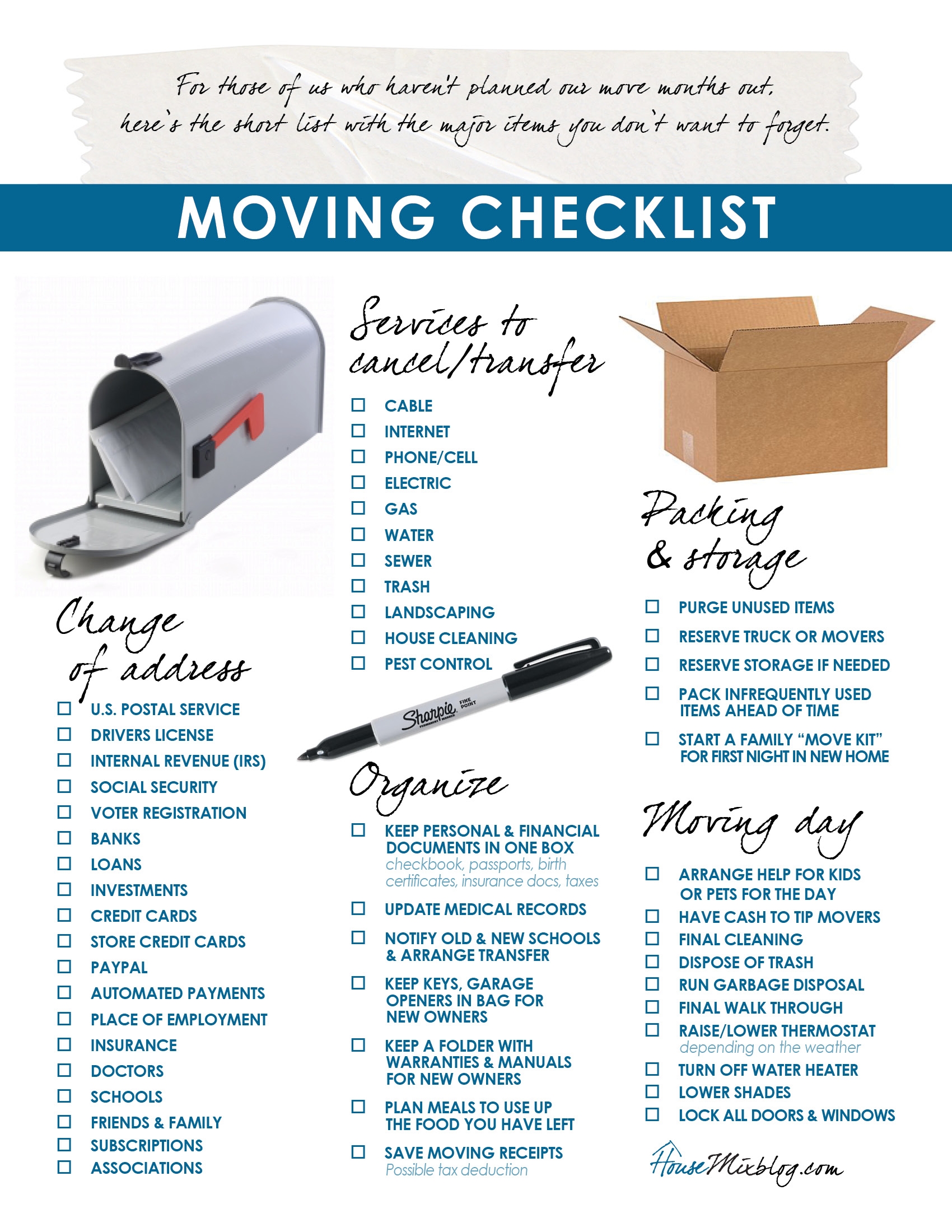 Printable Moving Checklist Change Of Address Services To Stop Organizing House Mix