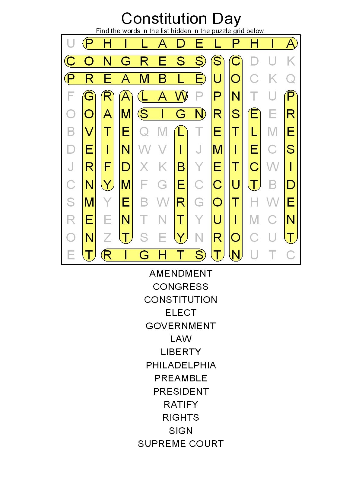 Us Constitution 5Th Grade Word Search Printable