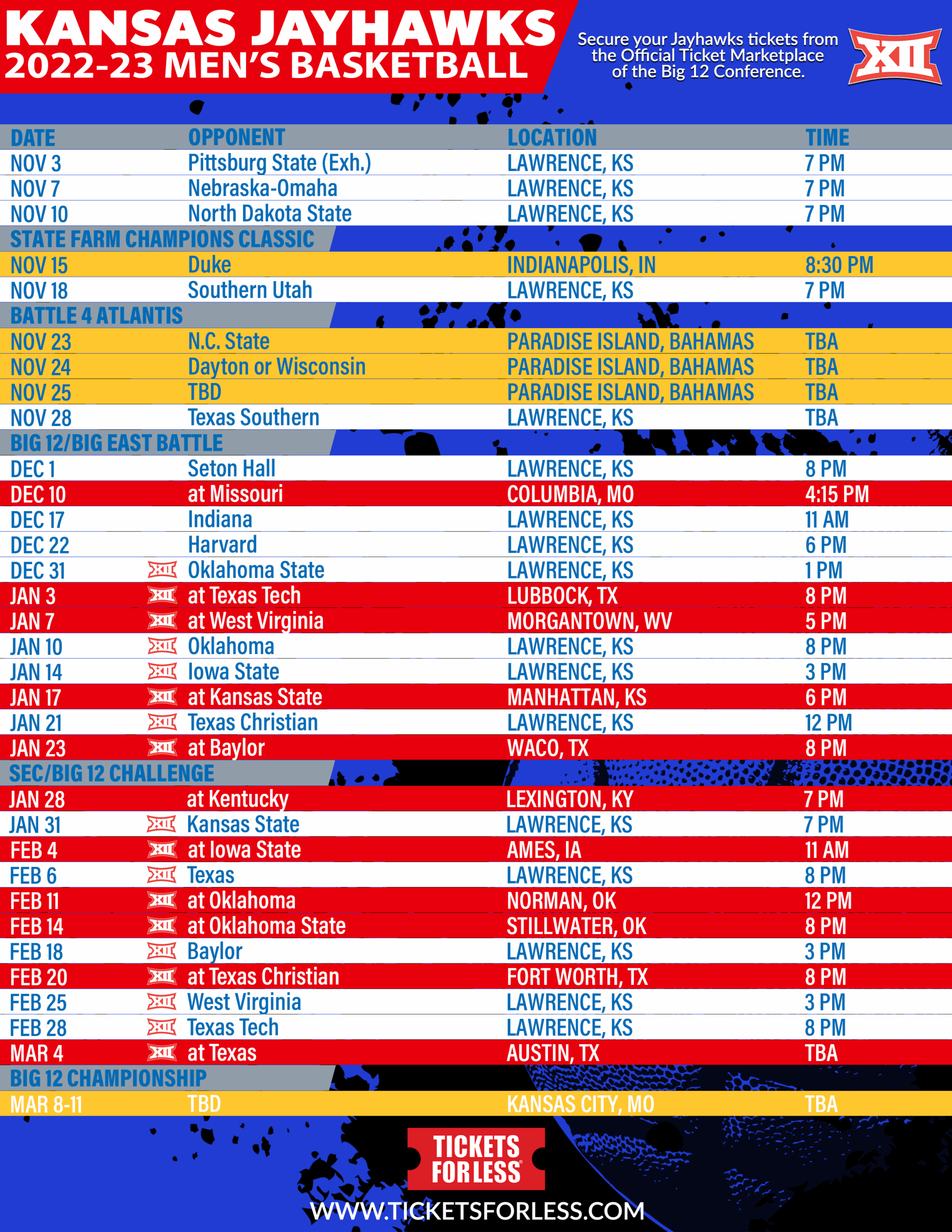 Printable Schedule KU Basketball Schedule