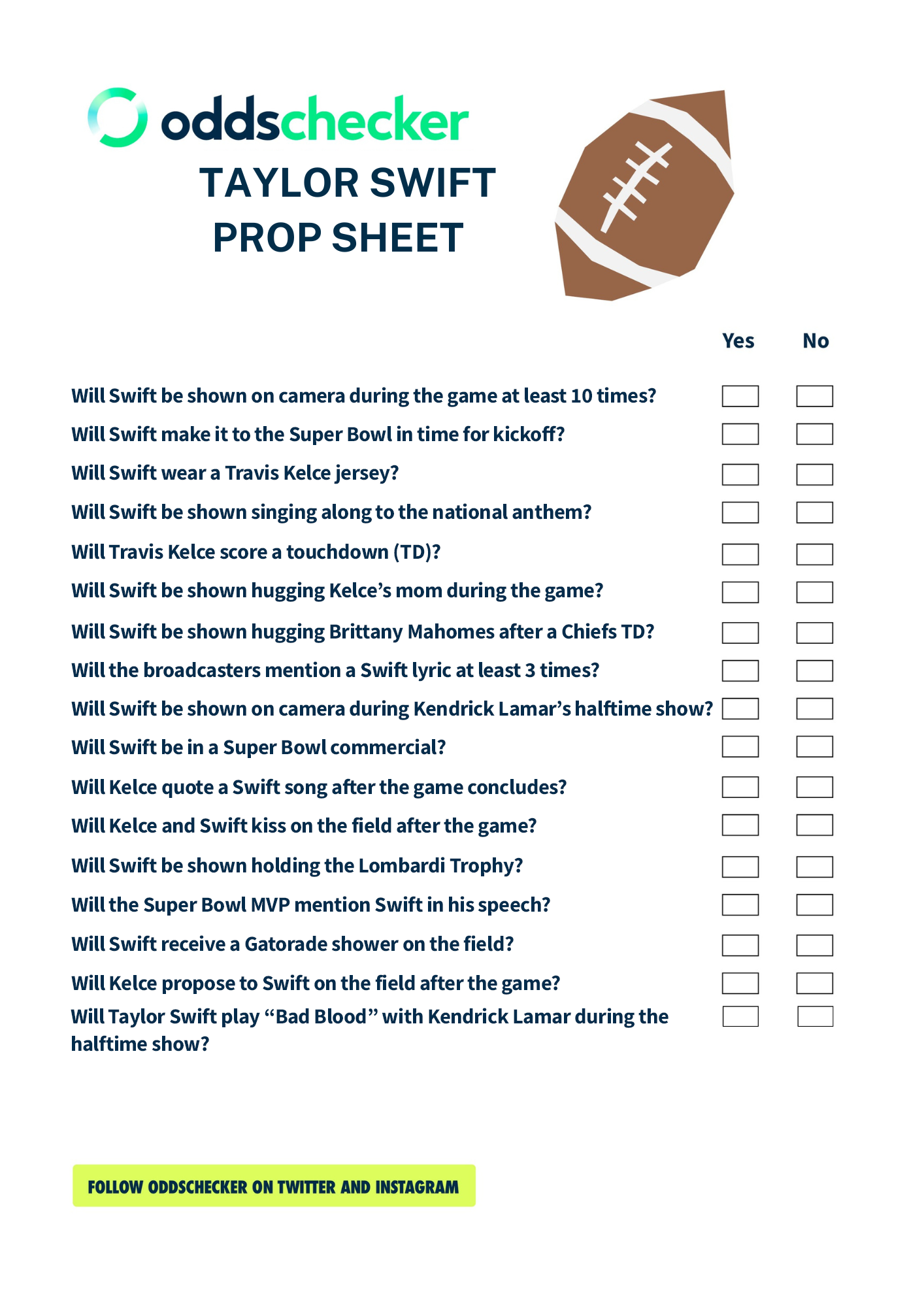 Printable Taylor Swift Super Bowl Prop Sheet Super Bowl 58 Prop Sheet Featuring Taylor Swift Prop Bets Oddschecker