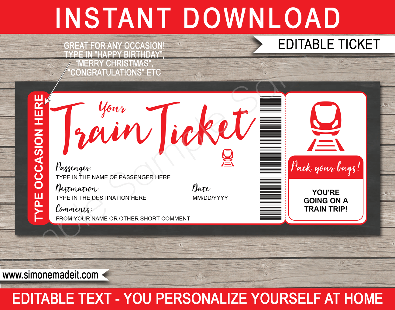 Printable Train Ticket Gift Voucher Template Surprise Train Trip Reveal