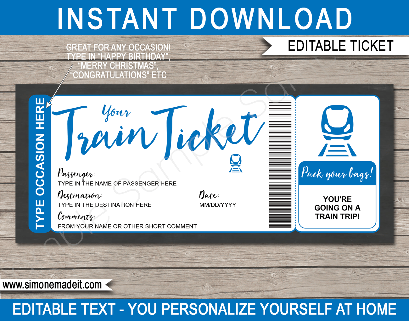 Printable Train Ticket Gift Voucher Template Surprise Train Trip Reveal