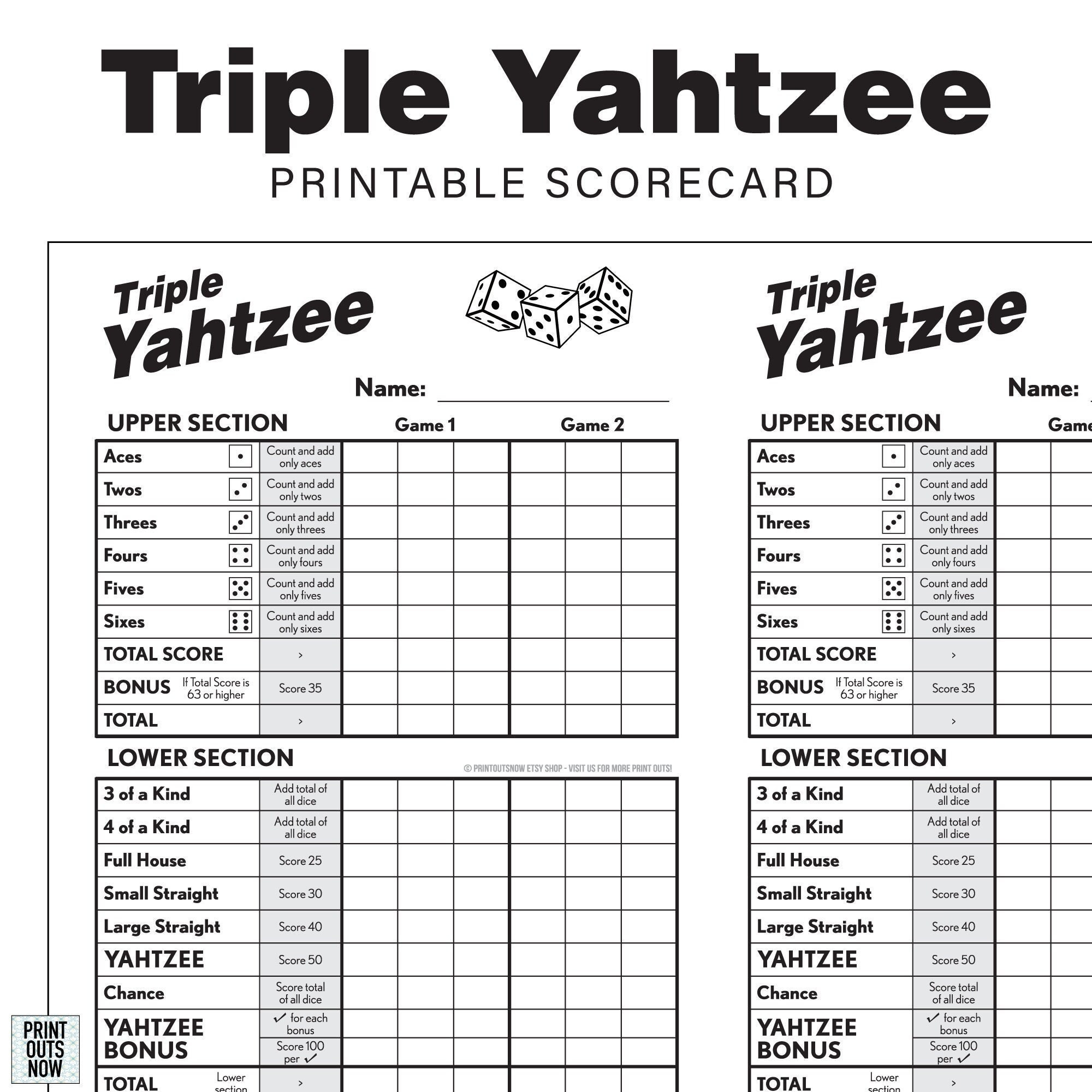 Printable Triple Yahtzee Scorecards Scorepad Print As Many As You Need 8 5x11 And A4 Included Etsy