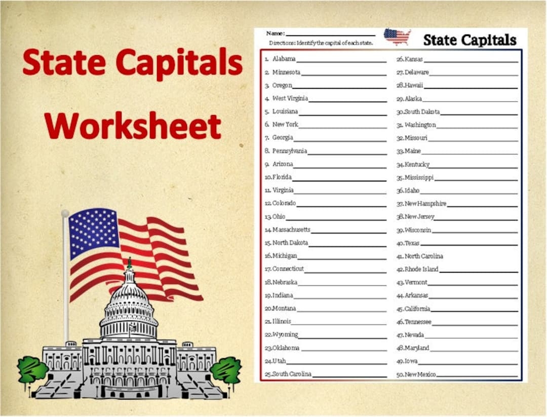 Printable U S State Capitals Worksheet test practice Test social Studies Homework digital Class Worksheets state Capitals Learning Tools Etsy