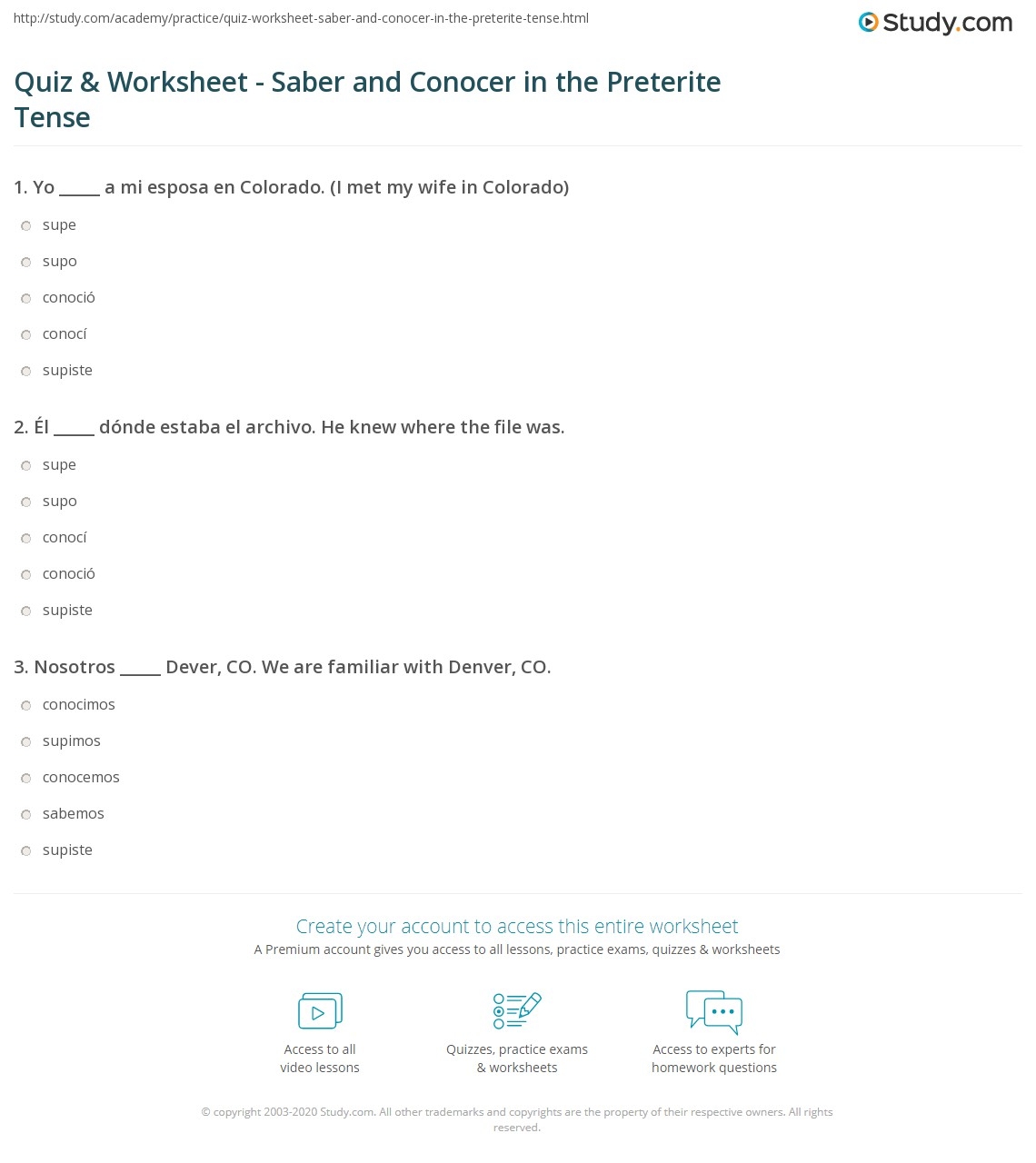Quiz Worksheet Saber And Conocer In The Preterite Tense Study