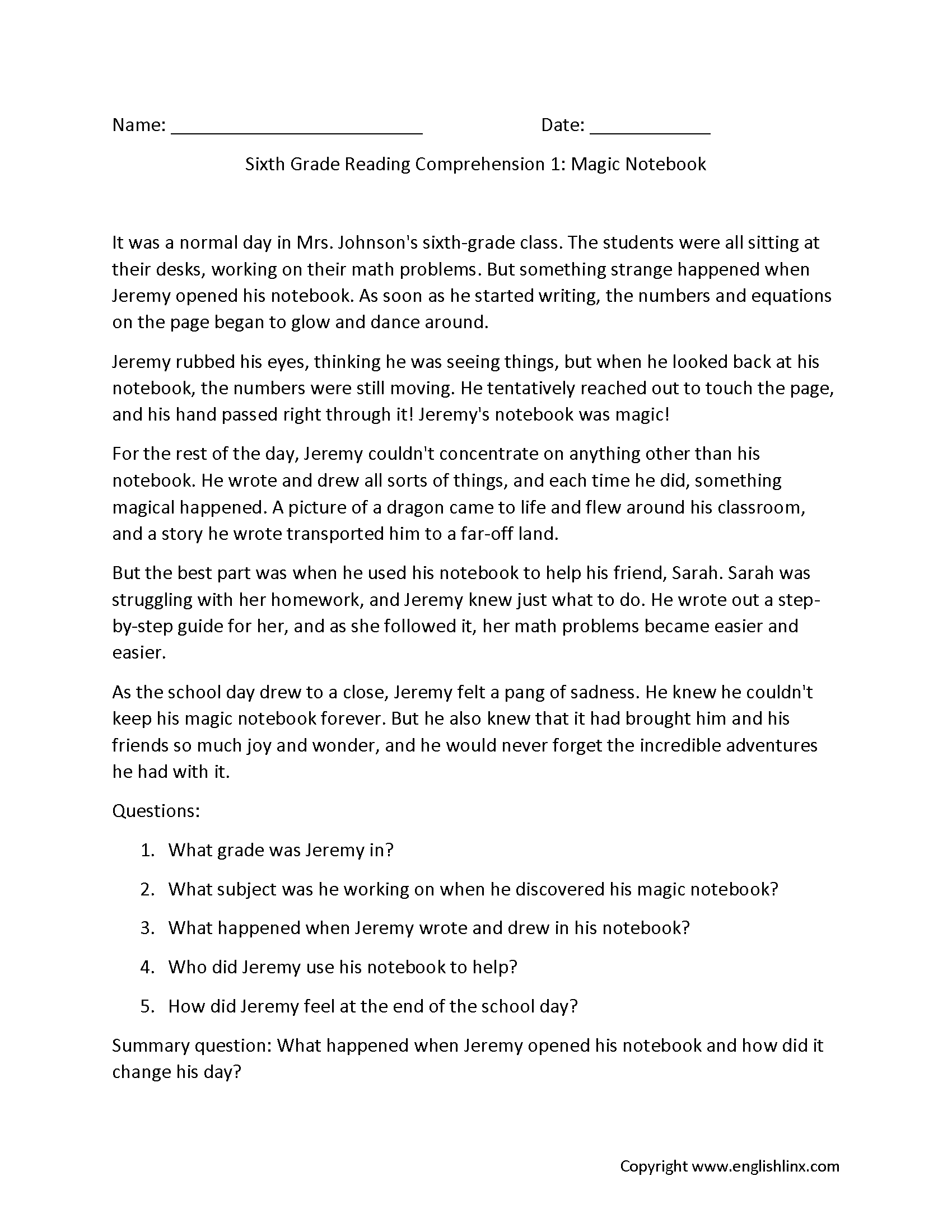 Free Printable Reading Comprehension Worksheet Grade 6