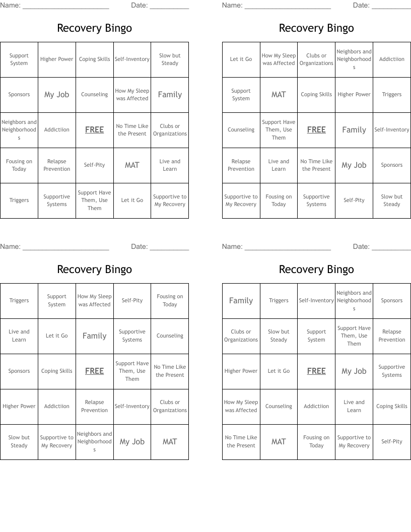 Recovery Bingo WordMint