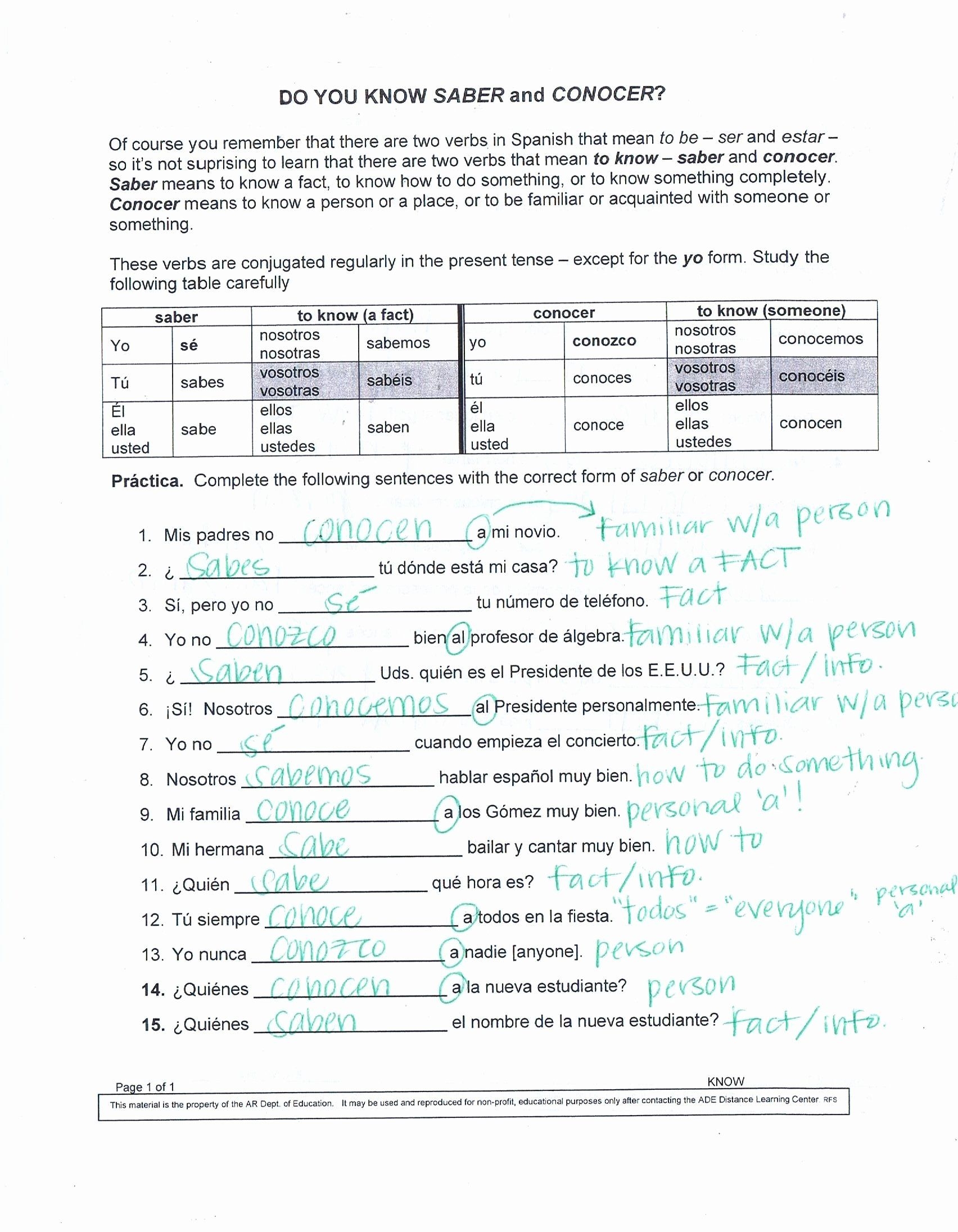 Saber Vs Conocer Quiz Printable