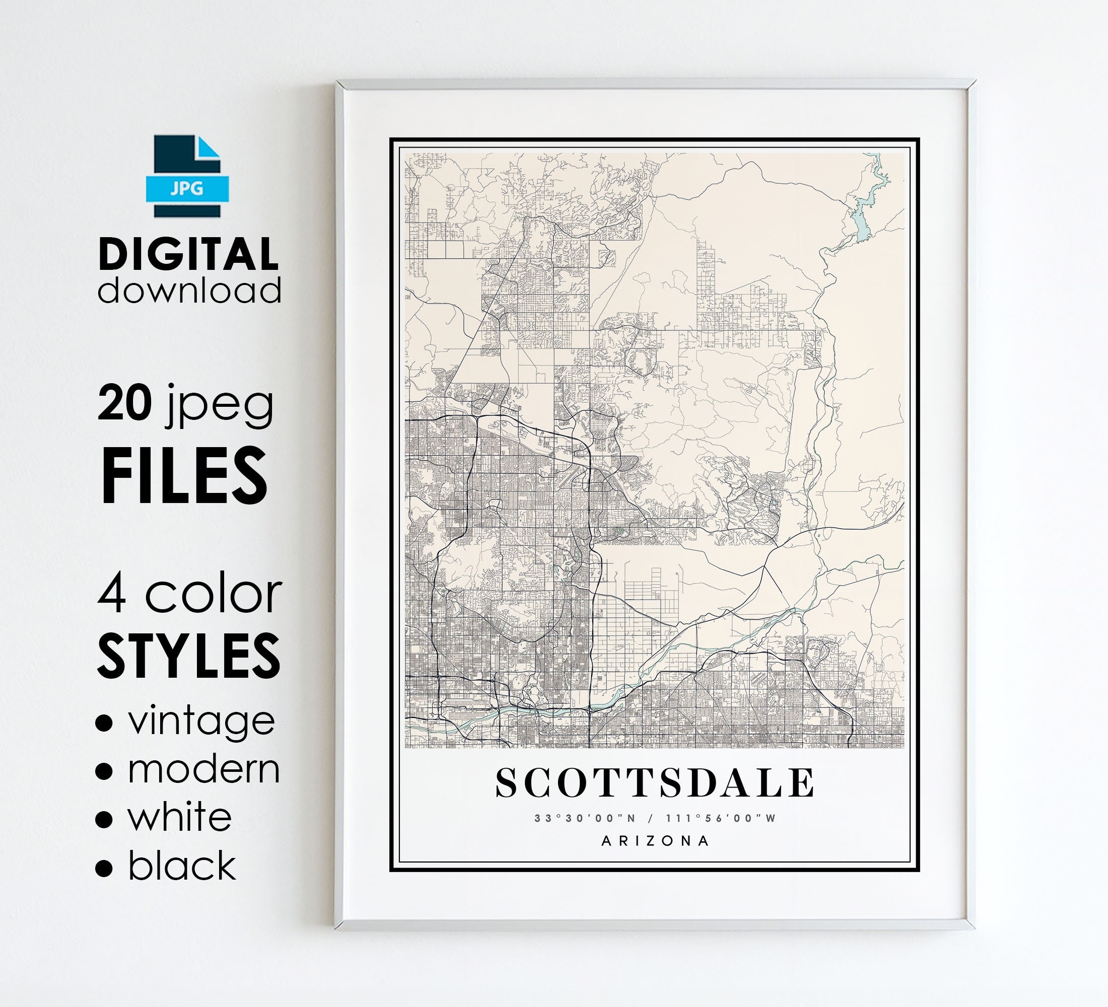 SCOTTSDALE AZ Map Printable Digital Art Scottsdale Arizona City Poster Map Digital Instant Download Etsy