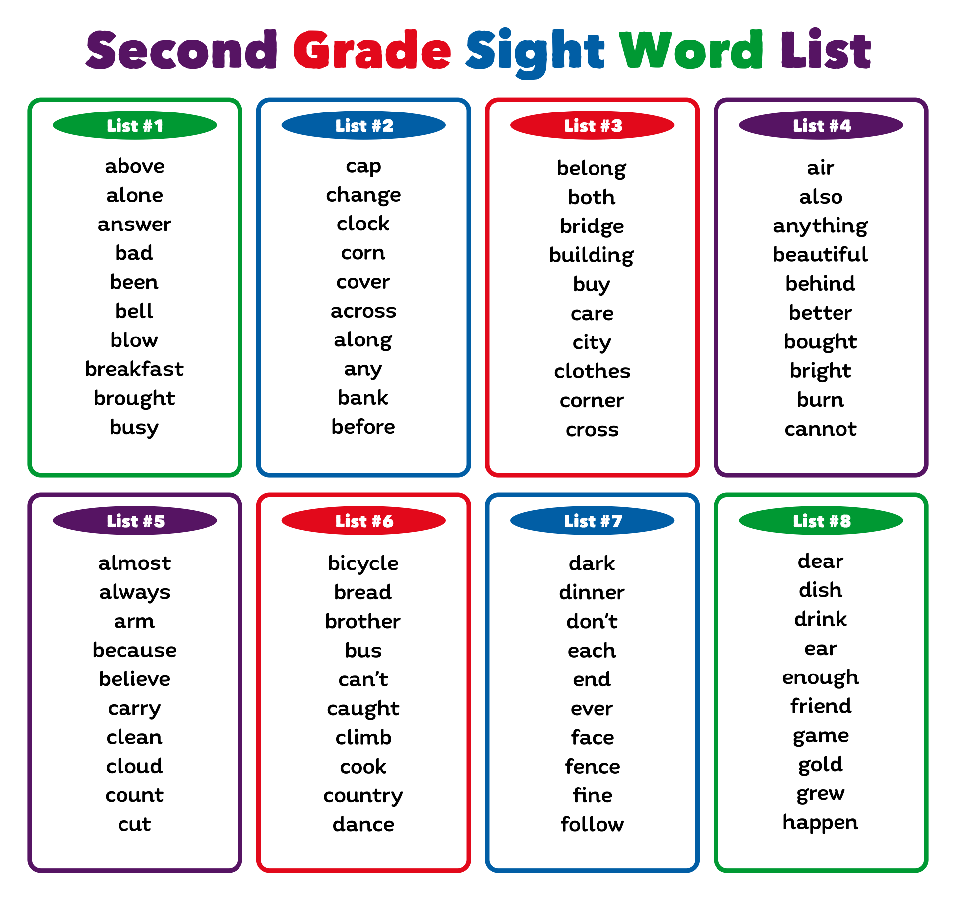Second Grade Sight Word List By Christine Reed TPT Worksheets Library