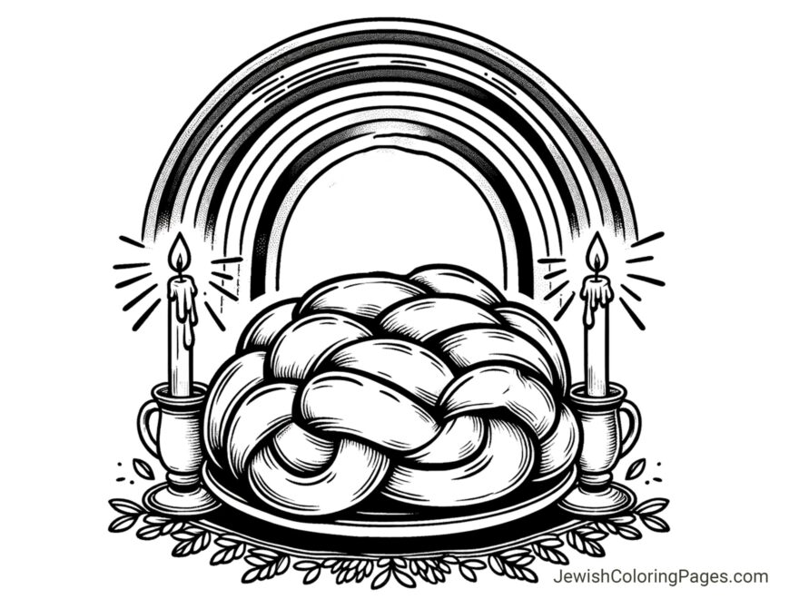 Shabbat Challah With Candles And Rainbow Free Printable Coloring Page Jewish Coloring Pages
