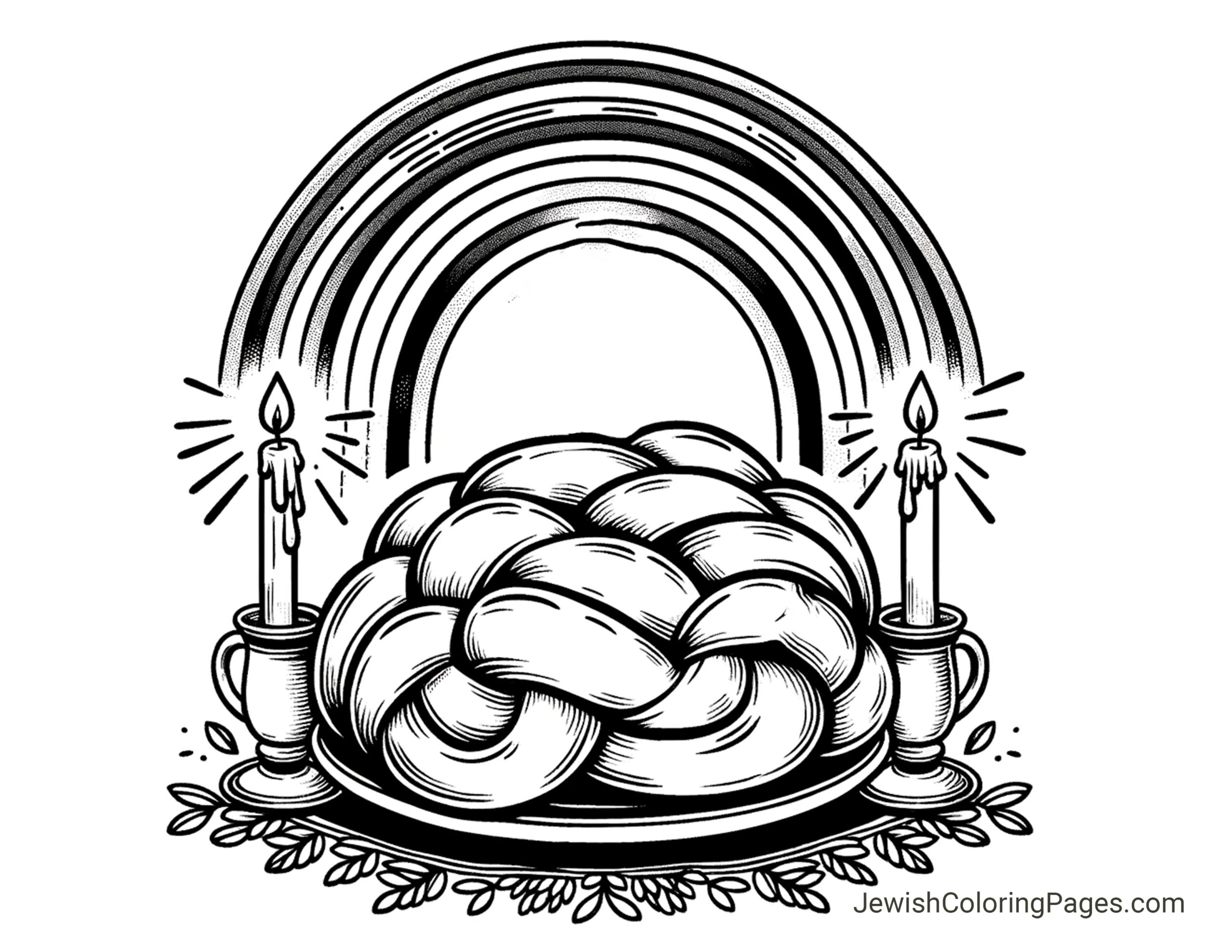 Shabbat Challah With Candles And Rainbow Free Printable Coloring Page Jewish Coloring Pages