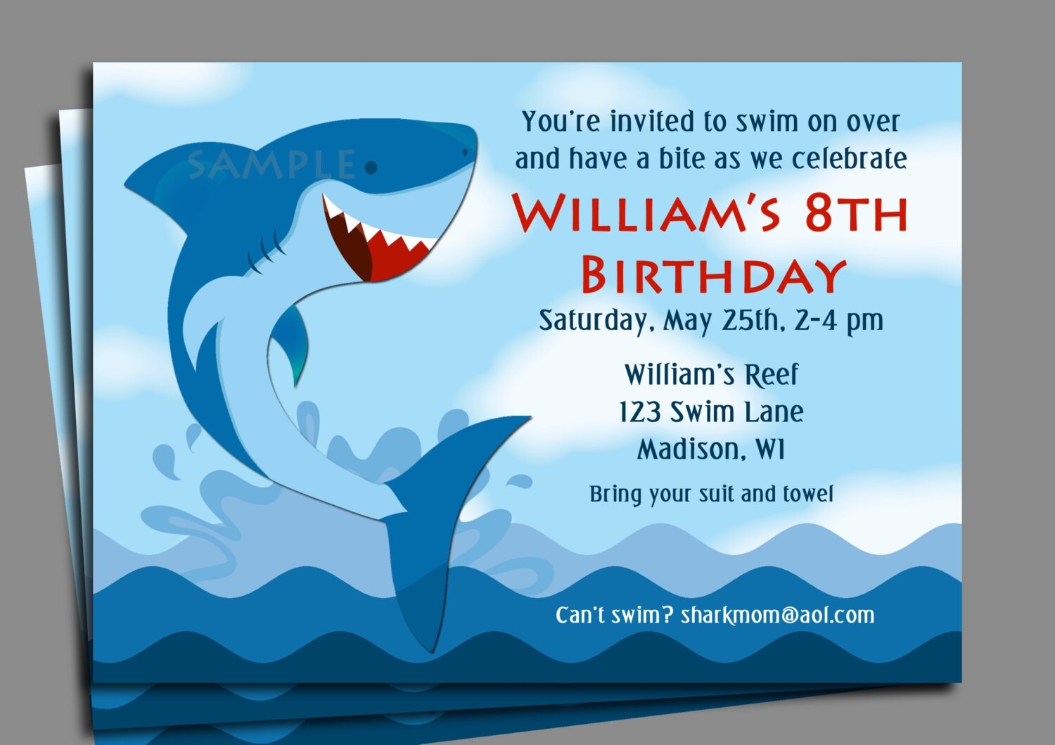 Shark Invitation Printable Or Printed With FREE SHIPPING Boy s Pool Party Swim Party Waterslide Under The Sea Shark Party Collection Etsy