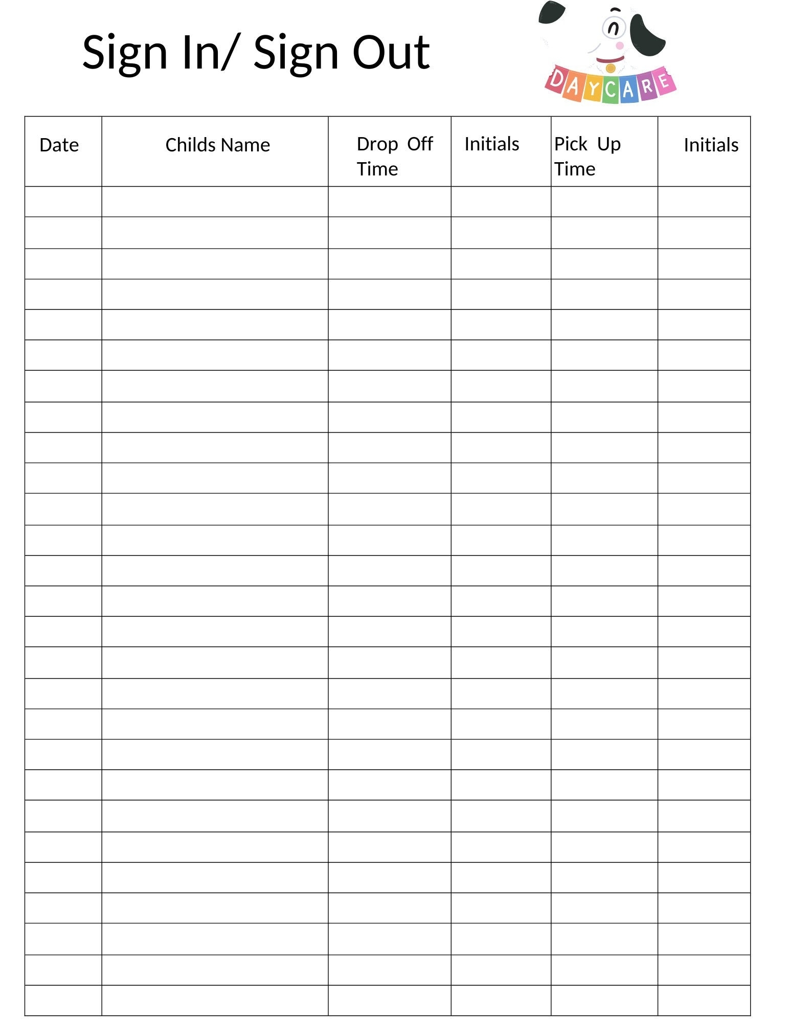 Sign In Sign Out Sheet Daycare Template Childcare Template Digitial Daycare Childcare Worksheet Etsy